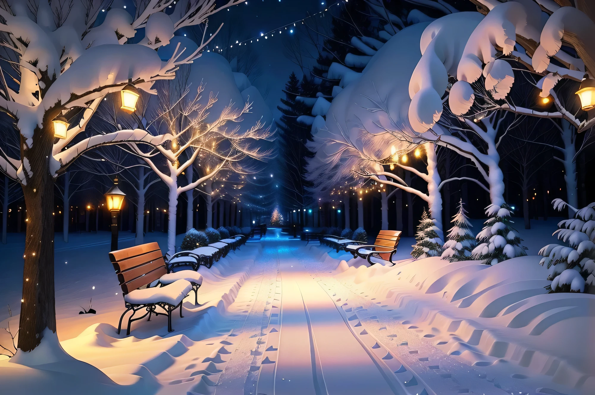 snowy path with benches and string lights in a park, snowy winter christmas night, light snowfall, cozy lights, winter setting, beautiful winter area, snowy night, snowfall at night, snowy winter scene, winter scene fantasy, winter wonderland, cosy enchanted scene, winter night, fairy lights, snowy winter, winter atmosphere, perfect lighting in a snow storm, glowing snow, cozy setting