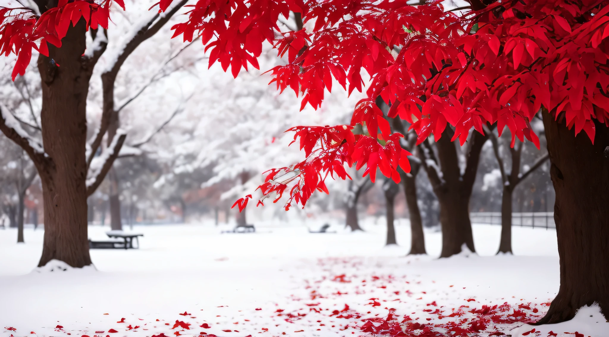 trees with red leaves on them in a snowy park, with snow covered colourful red, red leaves on the ground, red and white colors, magical leafs falling, autumn season, red trees, beautiful wallpaper, red and white color theme, glimpse of red, snow fall, dusting of snow, light snow, light snowfall, red leaves, snowing