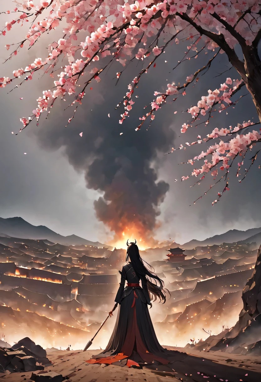 (Ten Miles of Enchanting Peach Blossoms:1.2)，The back of a woman with long hair reaching her waist stands under the peach blossom tree，firm eyes， Heqiang，She looked at the Great Wall in the distance, filled with smoke.，flint，blood stained sand，Iron can travel both vertically and horizontally，bodies scattered across the fields，China，Ancient，ink，