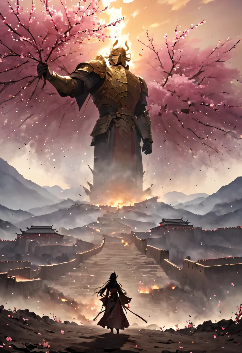 (Ten Miles of Enchanting Peach Blossoms:1.2),The back of a woman with long hair reaching her waist stands under the peach blossom tree,firm eyes, Heqiang,She looked at the Great Wall in the distance, filled with smoke.,flint,blood stained sand,Iron can travel both vertically and horizontally,bodies scattered across the fields,China,Ancient,ink,