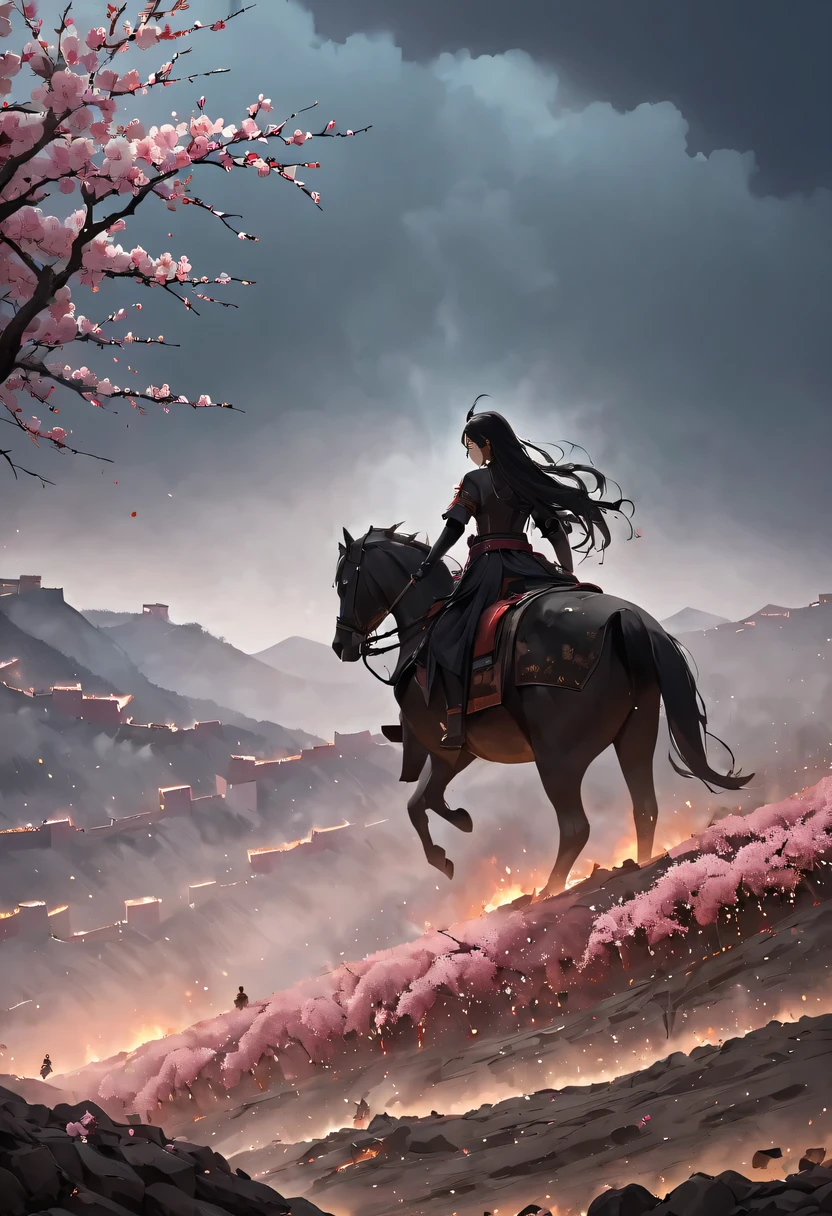 (Ten Miles of Enchanting Peach Blossoms:1.2)，The back of a woman with long hair reaching her waist stands under the peach blossom tree，firm eyes， Heqiang，She looked at the Great Wall in the distance, filled with smoke.，flint，blood stained sand，Iron can travel both vertically and horizontally，bodies scattered across the fields，China，Ancient，ink，