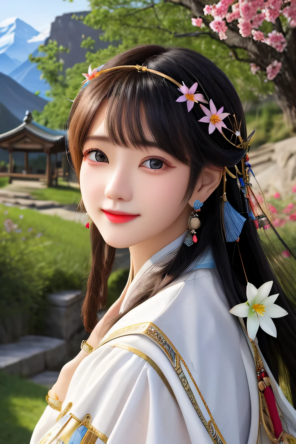 Keep the beauty of ancient costume unchanged，Change background to mountains，There is a clear spring water、trees、wild flowers