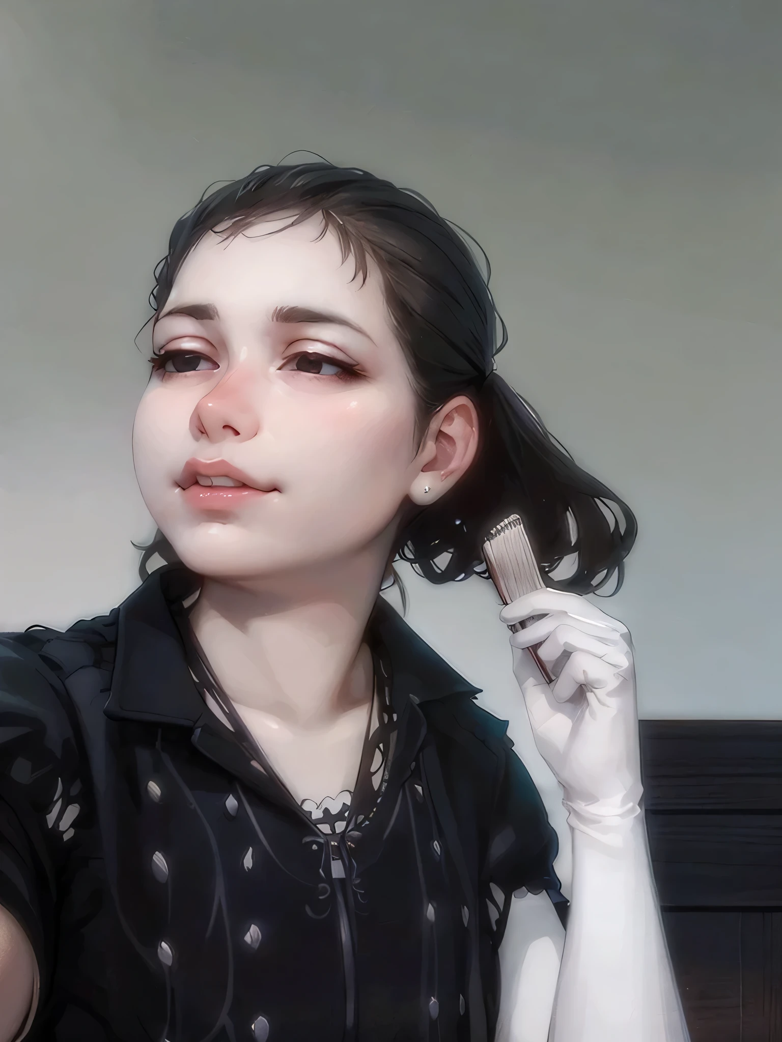 Il y a une femme qui se brosse les cheveux avec une brosse, selfie d&#39;une jeune femme, sans maquillage, small lips, nez pointu, menton fin et pointu, selfie iPhone, very very poor quality image, Persian girl with pale skin, sans nez, 1 8 sont, very ridiculous, selfie pris en angle droit, avec petit nez, low quality photo, Pattes