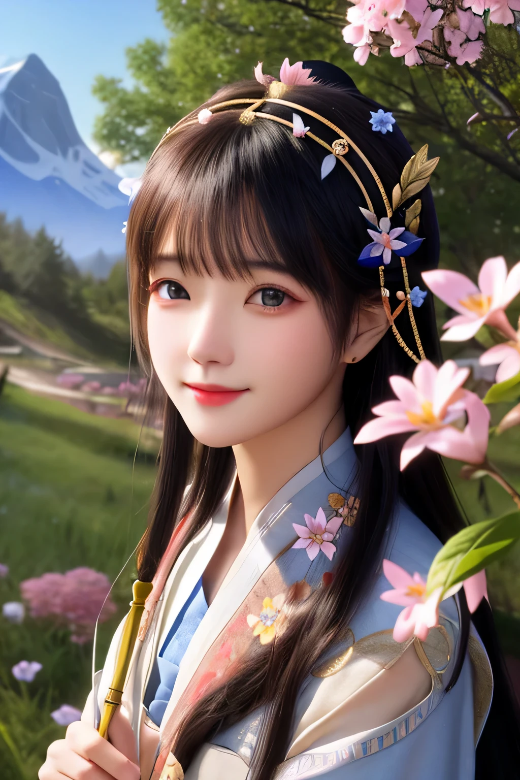 Keep the beauty of ancient costume unchanged,Change background to mountains,There is a clear spring water、trees、wild flowers