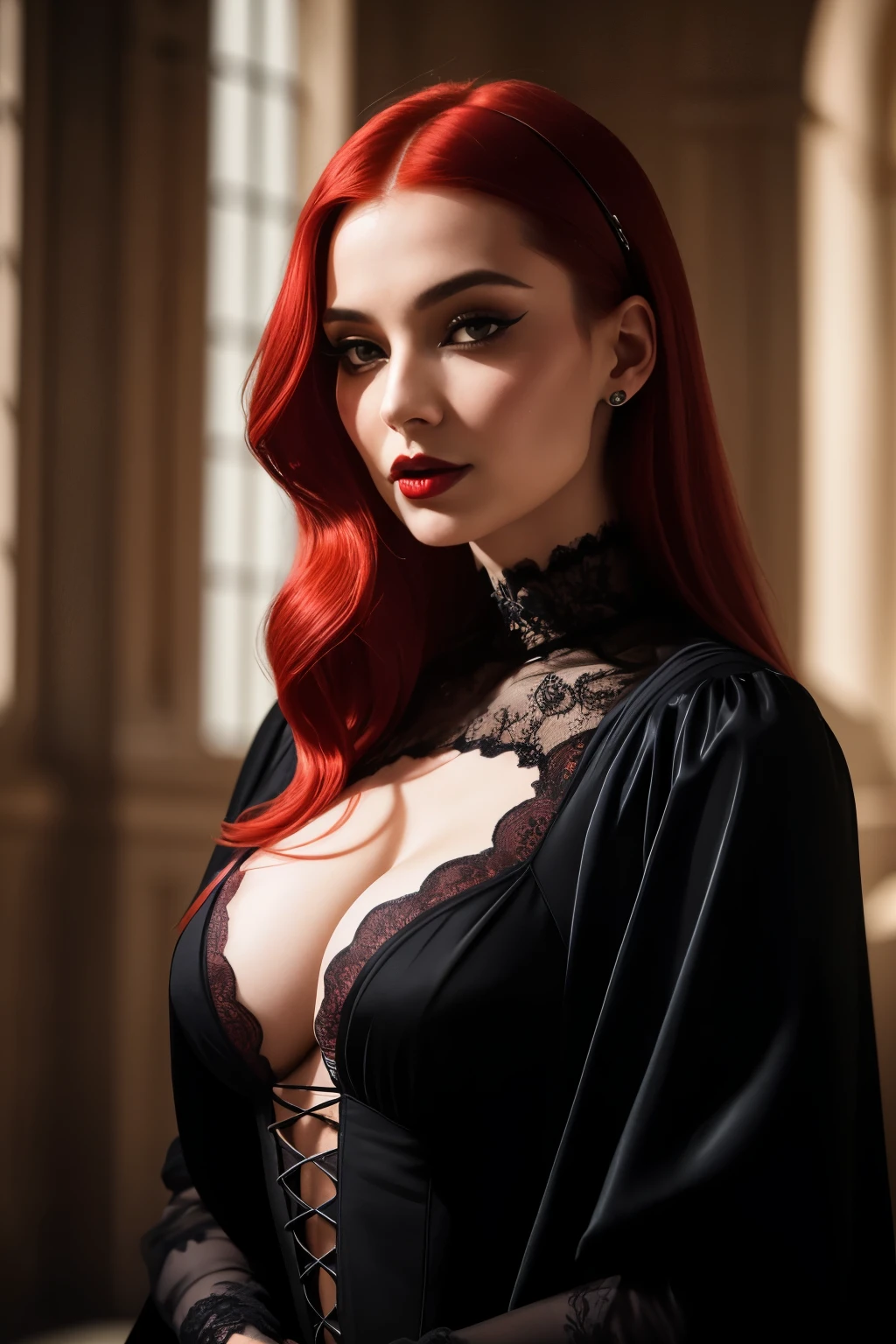 A captivating close-up image of a 30-year-old gothic woman with vibrant red hair, (gothic clothes: black velvet, lace), Zaha Hadid-inspired elegant decollete, sleek lapel, and striking facial features. Her porcelain skin boasts a finely detailed texture, conjuring an air of mystery and allure. This masterpiece, photographed using a Canon EOS R5, 50mm Lens, F/1.8, was taken in a dimly lit room with dramatic shadows creating a sensual atmosphere, resulting in a visually stunning, 8K wallpaper-worthy listing photo for an