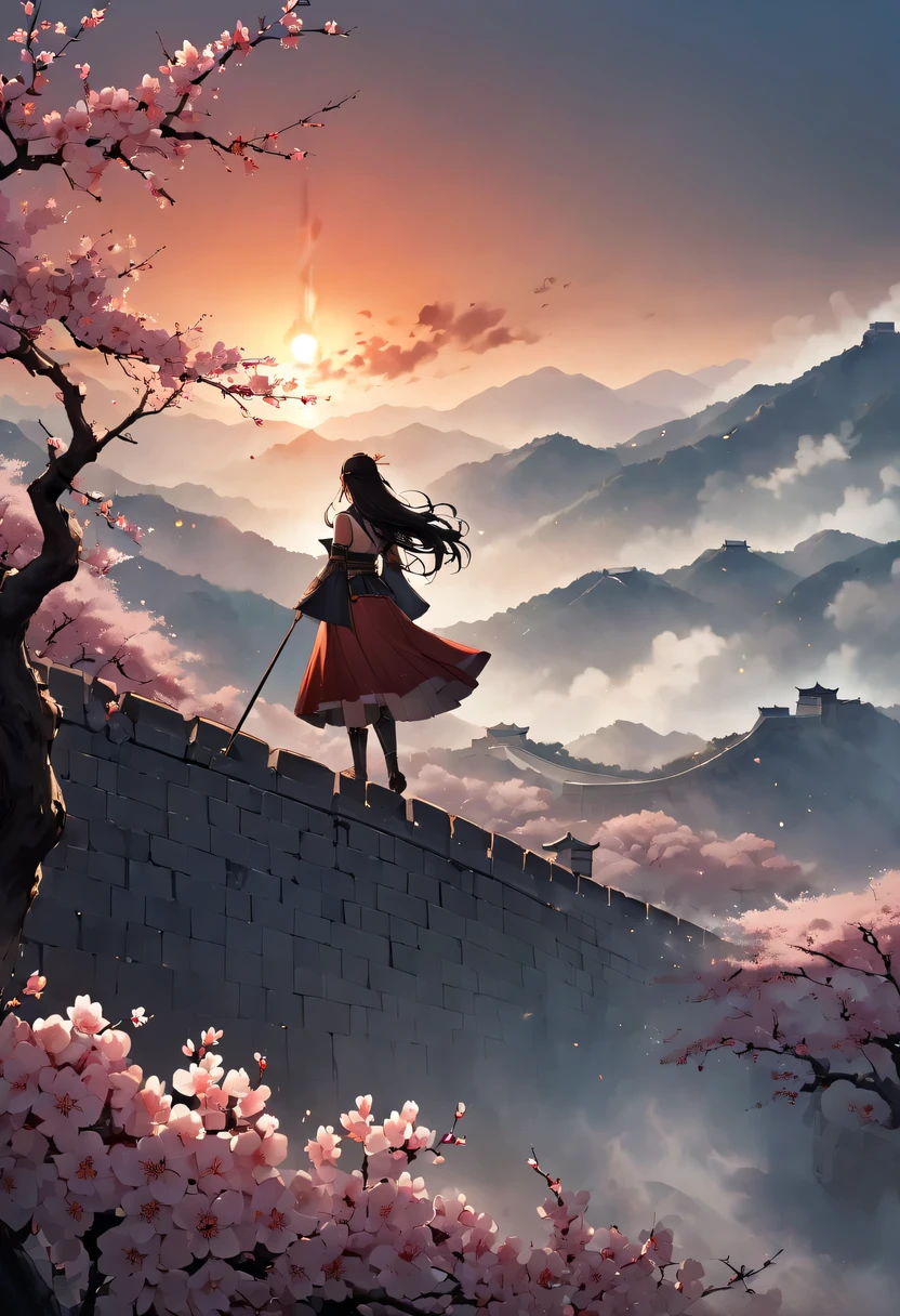 (Ten Miles of Enchanting Peach Blossoms:1.2)，The back of a woman with long hair reaching her waist stands under the peach blossom tree，firm eyes， Heqiang，She looked at the Great Wall in the distance, filled with smoke.，flint，blood stained sand，Iron can travel both vertically and horizontally，bodies scattered across the fields，China，Ancient，ink，