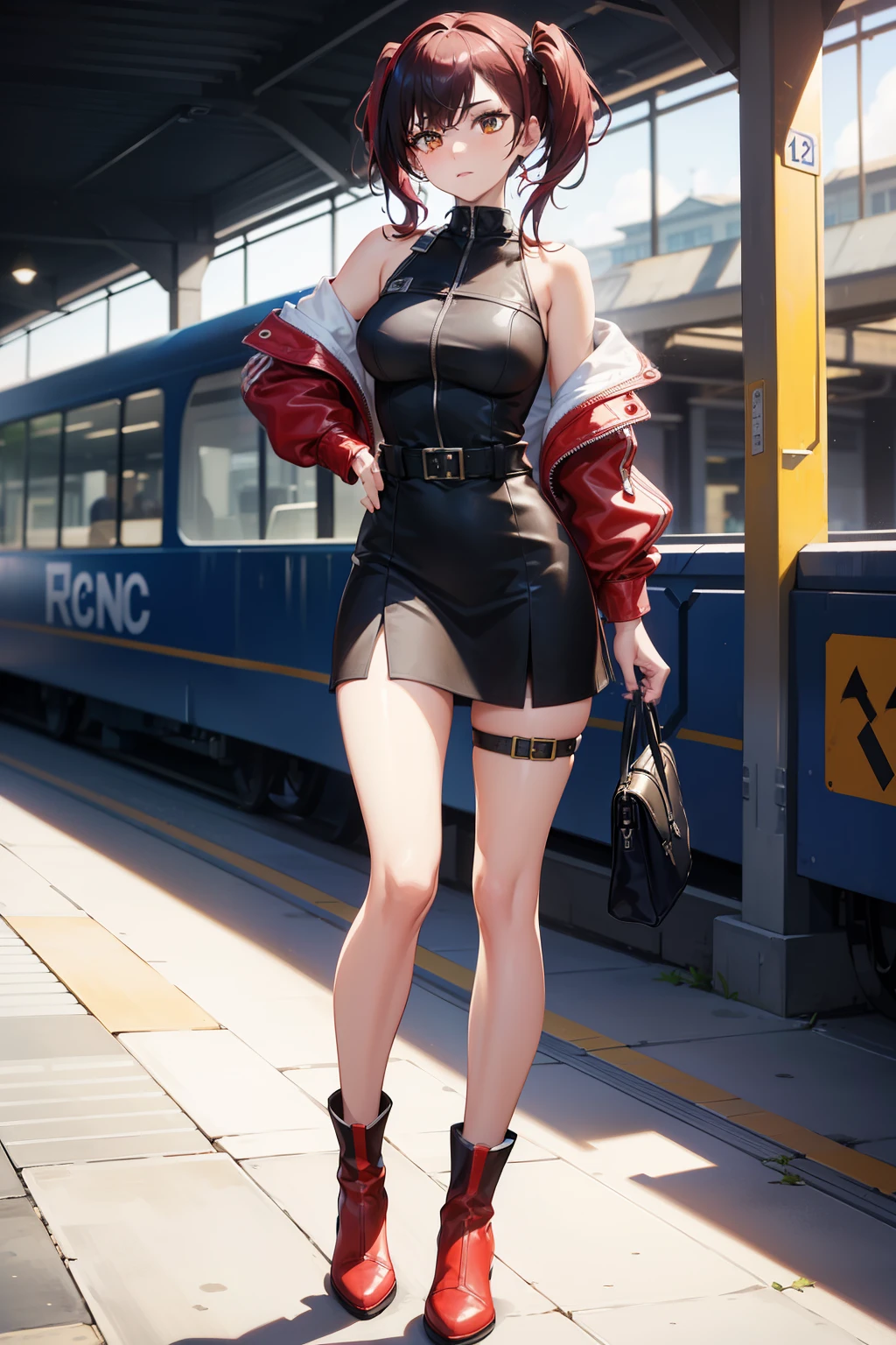 High-quality masterpiece, train station scene, lone female Fortnite skin, naval blue legs, red boots gleaming, red short shirt contrasting, black leather jacket covering shoulders, lilac twintails cascading gracefully, expression with captivating yellow eyes, full body rendering, wide hips emphasized, dynamic light and shadow play, sharp focus and depth of field, intricately detailed, 8k resolution.
