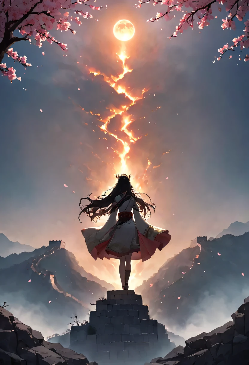 (Ten Miles of Enchanting Peach Blossoms:1.2)，The back of a woman with long hair reaching her waist stands under the peach blossom tree，firm eyes， Heqiang，She looked at the Great Wall in the distance, filled with smoke.，The flames burst into the sky，China，Ancient，ink，