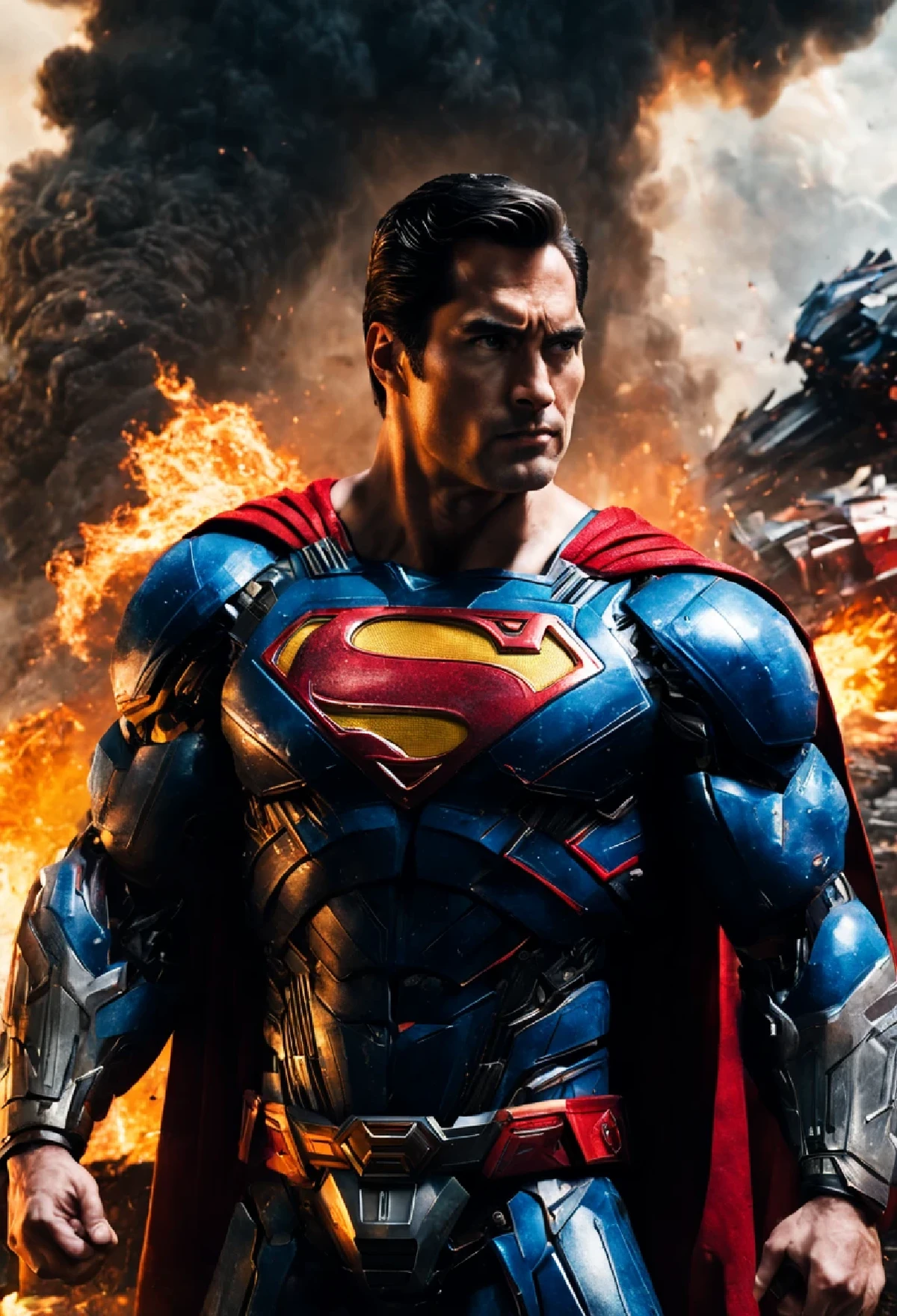a close up of a superman standing in front of a fire, transformers cinematic universe, wojtek fus, hq 4k wallpaper, transformers : the last knight, in the movie transformers, thertrevkaiser, dwayne johnson as superman, artstation masterpiece, super robot, goku fused with optimus prime, japanese dc live-action movie, hd wallpaper, inspired by Zack Snyder