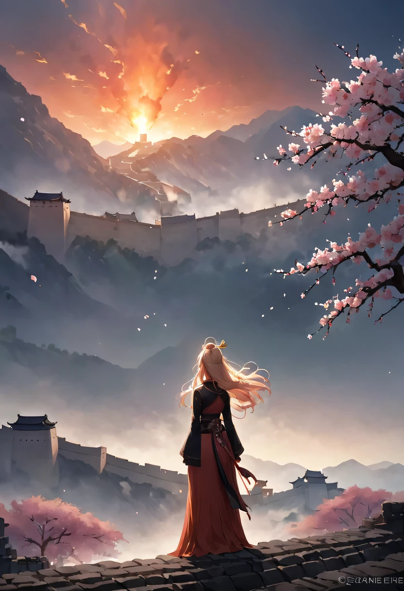 (Ten Miles of Enchanting Peach Blossoms:1.2)，The back of a woman with long hair reaching her waist stands under the peach blossom tree，firm eyes， Heqiang，She looked at the Great Wall in the distance, filled with smoke.，The flames burst into the sky，China，Ancient，ink，