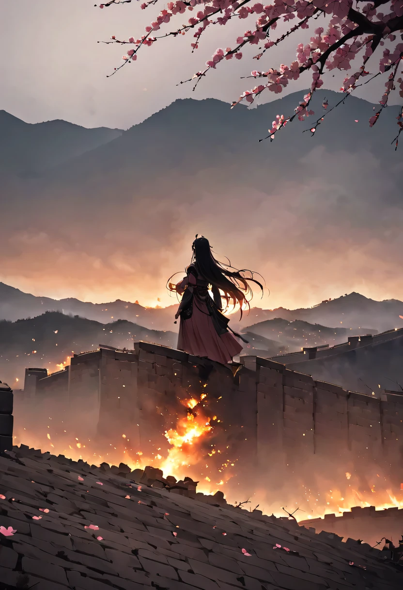 (Ten Miles of Enchanting Peach Blossoms:1.2)，The back of a woman with long hair reaching her waist stands under the peach blossom tree，firm eyes， Heqiang，She looked at the Great Wall in the distance, filled with smoke.，flint，blood stained sand，Iron can travel both vertically and horizontally，bodies scattered across the fields，China，Ancient，ink，