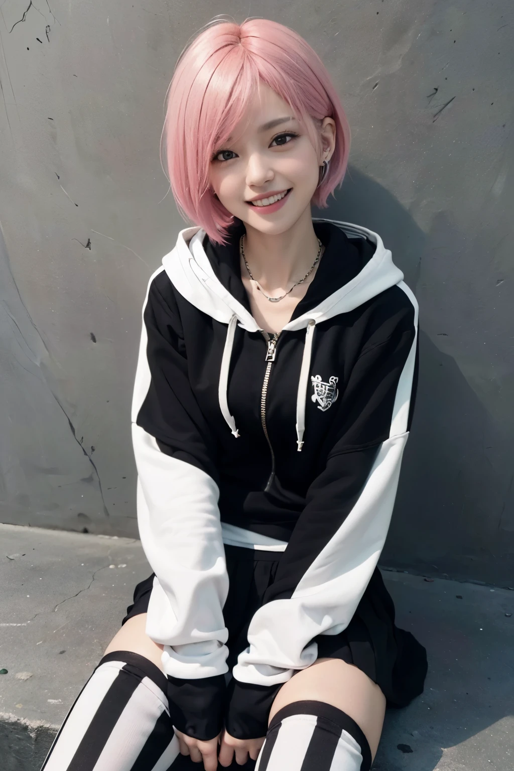 (8K, top-quality, masterpiece:1,2), (reallistic, Photorealsitic:1.37), Super Detail, One girl,), (Highly detailed), (beautifully detailed eyes), (of the highest quality), (super detailed ), (masterpiece), (Detailed face),20yr old, ,1 girl, ((pink hair,Very short hair)), medium breasts, clothed, Perfect Lighting, BREAK (a zip-up hoodie with black and white horizontal stripes, each stripe is 2cm thick:1.5), (a tank top (with pure black and has no patterns), (a chain necklace), (a black skirt with white lace on the hem:1.4). (black knee socks that are long enough to cover from the ankle to the knee:1.4), black loafers, BRAKE bangs on left side, earring on right ear, open mouth smile, looking at camera, right hand pulling hoodie, left hand making rock sign, graffiti wall background, bright colors, natural light, front light, bright skin and hair
