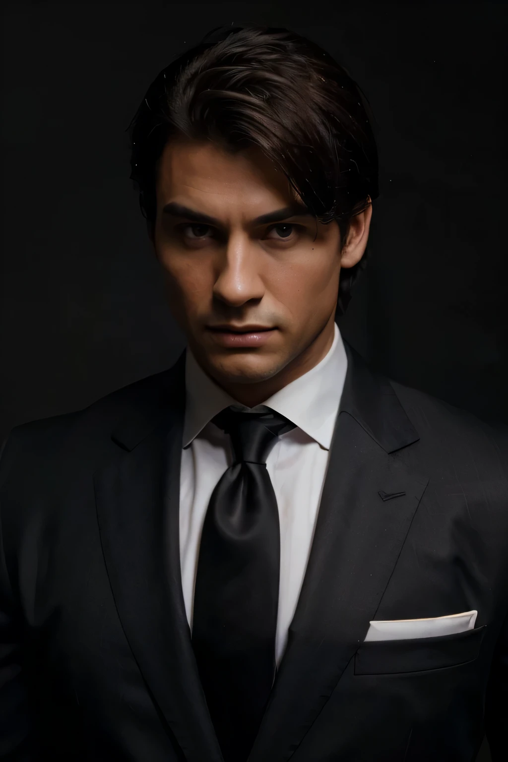 (best quality, fotorealistisch:1.37), Mittel:an oil painting,portrait,masculine,attraktiv,zuversichtlich,dunkler Hintergrund,scharfer Fokus,Fachmann,stilvoll, nobel,klassischer Anzug,formelle Kleidung,gut geschnittener Anzug,crisp white shirt,Slim-Fit-Krawatte,gepflegt,schwarzes Haar,braune Haut,dunkelbraune Augen,defined facial features,Bodybuilder-Build,muscular physique,Ernster Ausdruck,Huge presence,intensiver Blick,stechenden Augen,anspruchsvoller Herr,lebendige Farben,perfekte Beleuchtung