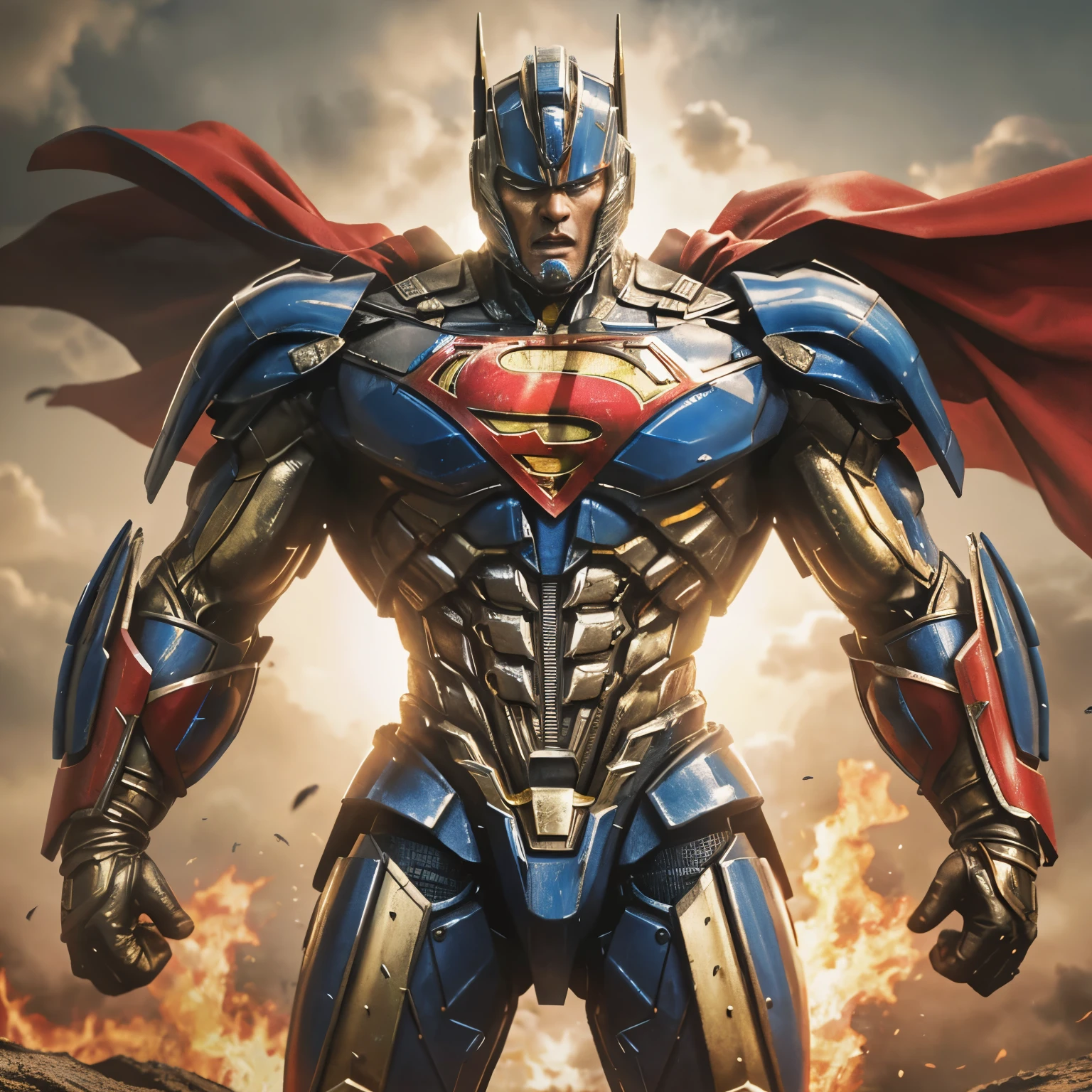 a close up of a superman standing in front of a fire, transformers cinematic universe, wojtek fus, hq 4k wallpaper, transformers : the last knight, in the movie transformers, thertrevkaiser, dwayne johnson as superman, artstation masterpiece, super robot, goku fused with optimus prime, japanese dc live-action movie, hd wallpaper, inspired by Zack Snyder