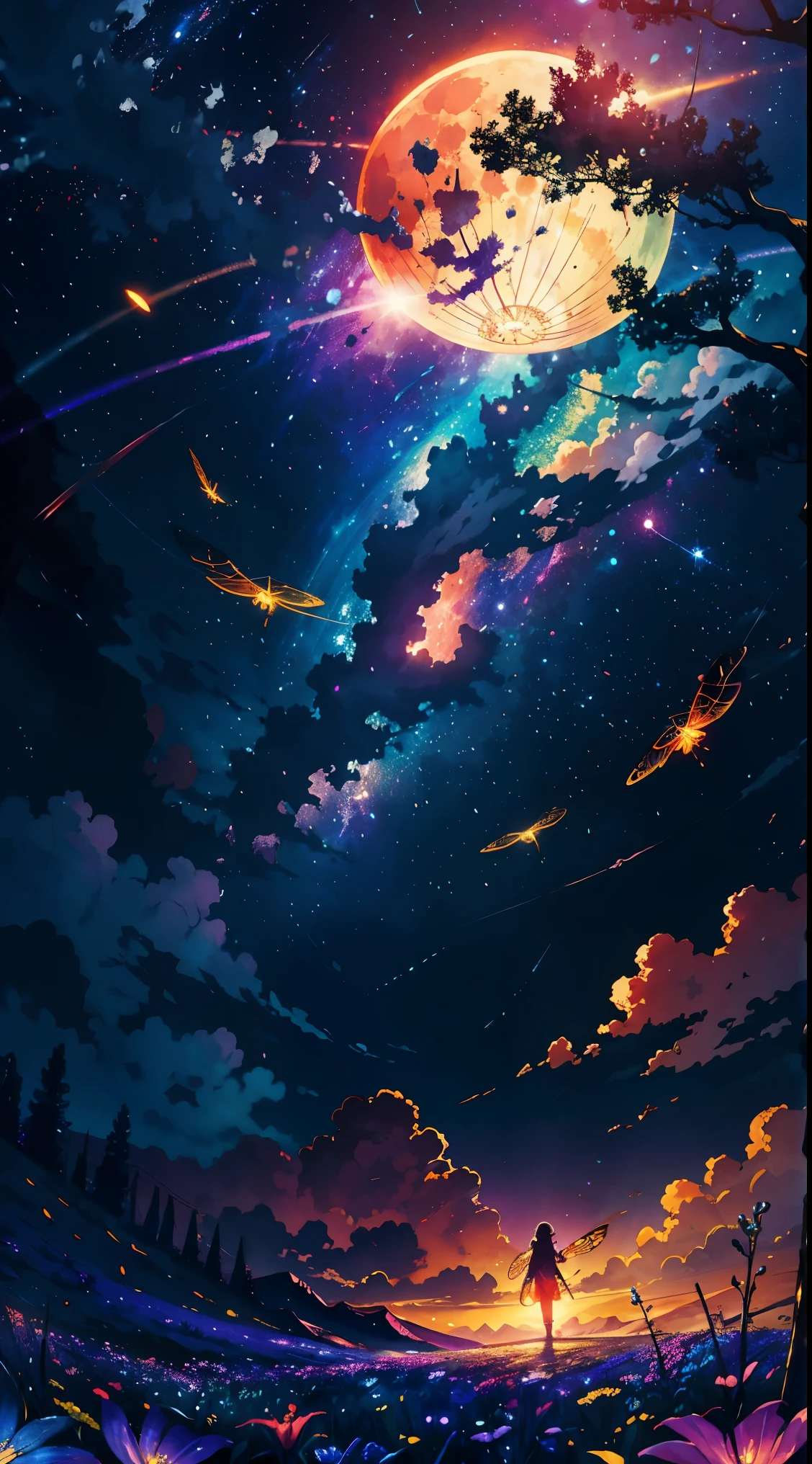 vast landscape photography , (View from below showing the sky above and open fields below), A girl standing in a flower field and looking up, (full moon:1.2), ( shooting star:0.9), (nebula:1.3), distant mountain, Tree BREAK production art, (warm light source:1.2), (fire Fly:1.2), lamp, lots of purple and orange, intricate details, Volume lighting BREAK
(masterpiece:1.2), (highest quality), 4K, super detailed, (dynamic composition:1.4), very detailed, colorful details,( rainbow colors:1.2), (shining lighting, atmosphere lighting), dream-like, Magic, (alone:1.2)
