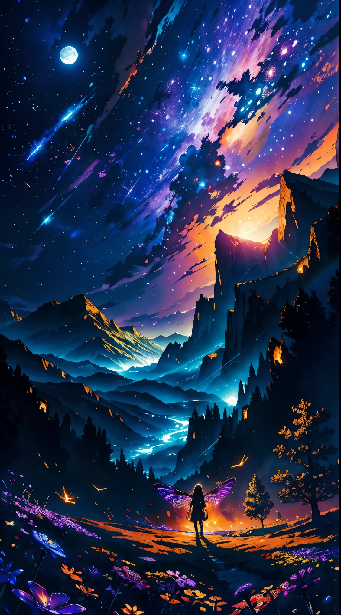 vast landscape photography , (View from below showing the sky above and open fields below), A girl standing in a flower field and looking up, (full moon:1.2), ( shooting star:0.9), (nebula:1.3), distant mountain, Tree BREAK production art, (warm light source:1.2), (fire Fly:1.2), lamp, lots of purple and orange, intricate details, Volume lighting BREAK
(masterpiece:1.2), (highest quality), 4K, super detailed, (dynamic composition:1.4), very detailed, colorful details,( rainbow colors:1.2), (shining lighting, atmosphere lighting), dream-like, Magic, (alone:1.2)