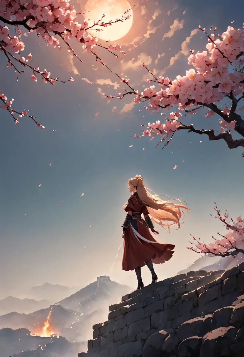 (Ten Miles of Enchanting Peach Blossoms:1.2)，The back of a woman with long hair reaching her waist stands under the peach blossom tree，firm eyes， Heqiang，She looked at the Great Wall in the distance, filled with smoke.，The flames burst into the sky，China，Ancient，ink，