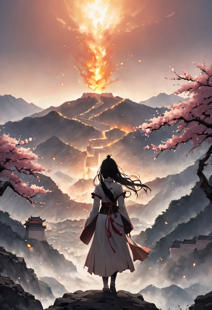 (Ten Miles of Enchanting Peach Blossoms:1.2)，The back of a woman with long hair reaching her waist stands under the peach blossom tree，firm eyes， Heqiang，She looked at the Great Wall in the distance, filled with smoke.，flint，blood stained sand，Iron can travel both vertically and horizontally，bodies scattered across the fields，China，Ancient，ink，