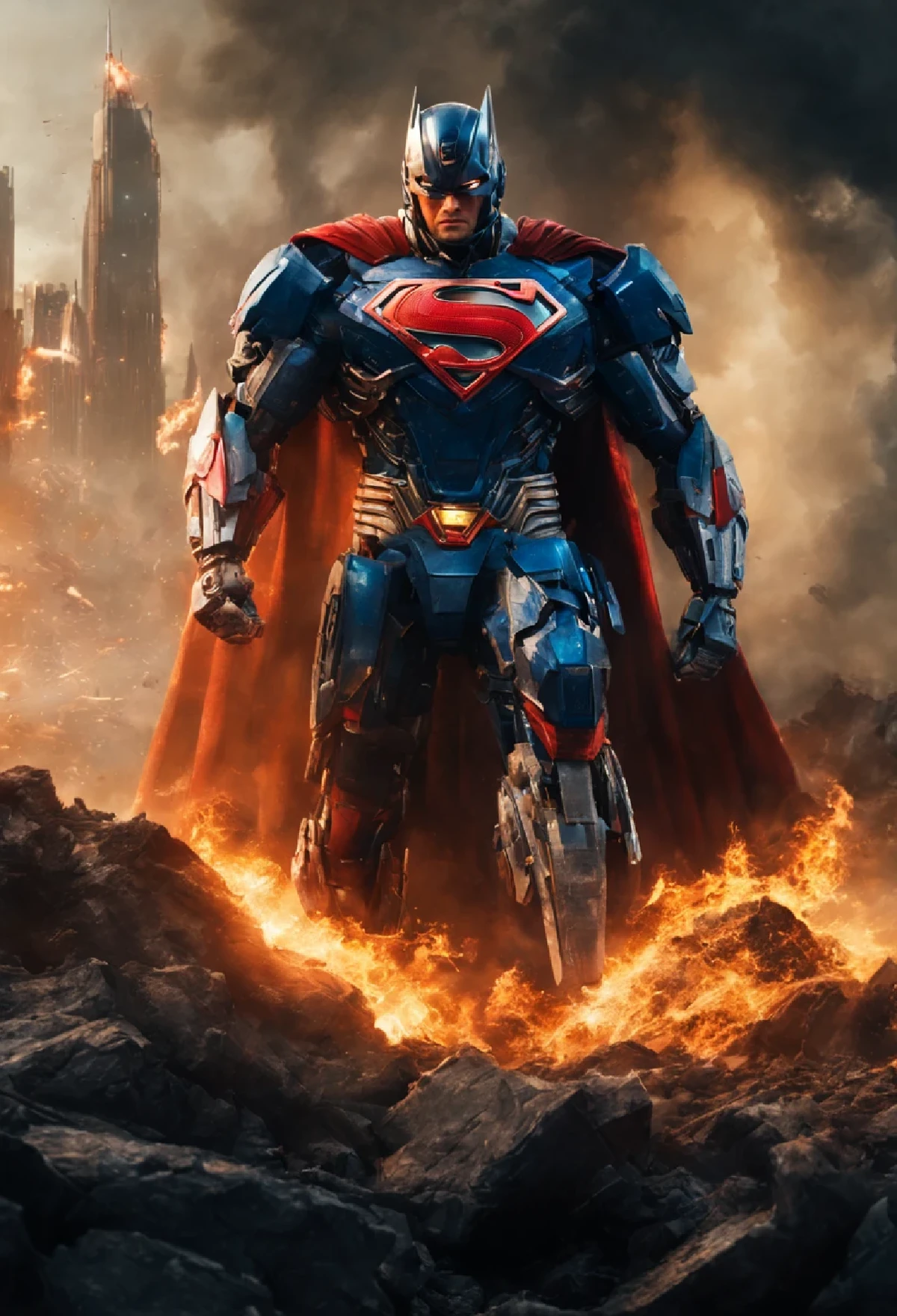a close up of a superman standing in front of a fire, transformers cinematic universe, wojtek fus, hq 4k wallpaper, transformers : the last knight, in the movie transformers, thertrevkaiser, dwayne johnson as superman, artstation masterpiece, super robot, goku fused with optimus prime, japanese dc live-action movie, hd wallpaper, inspired by Zack Snyder