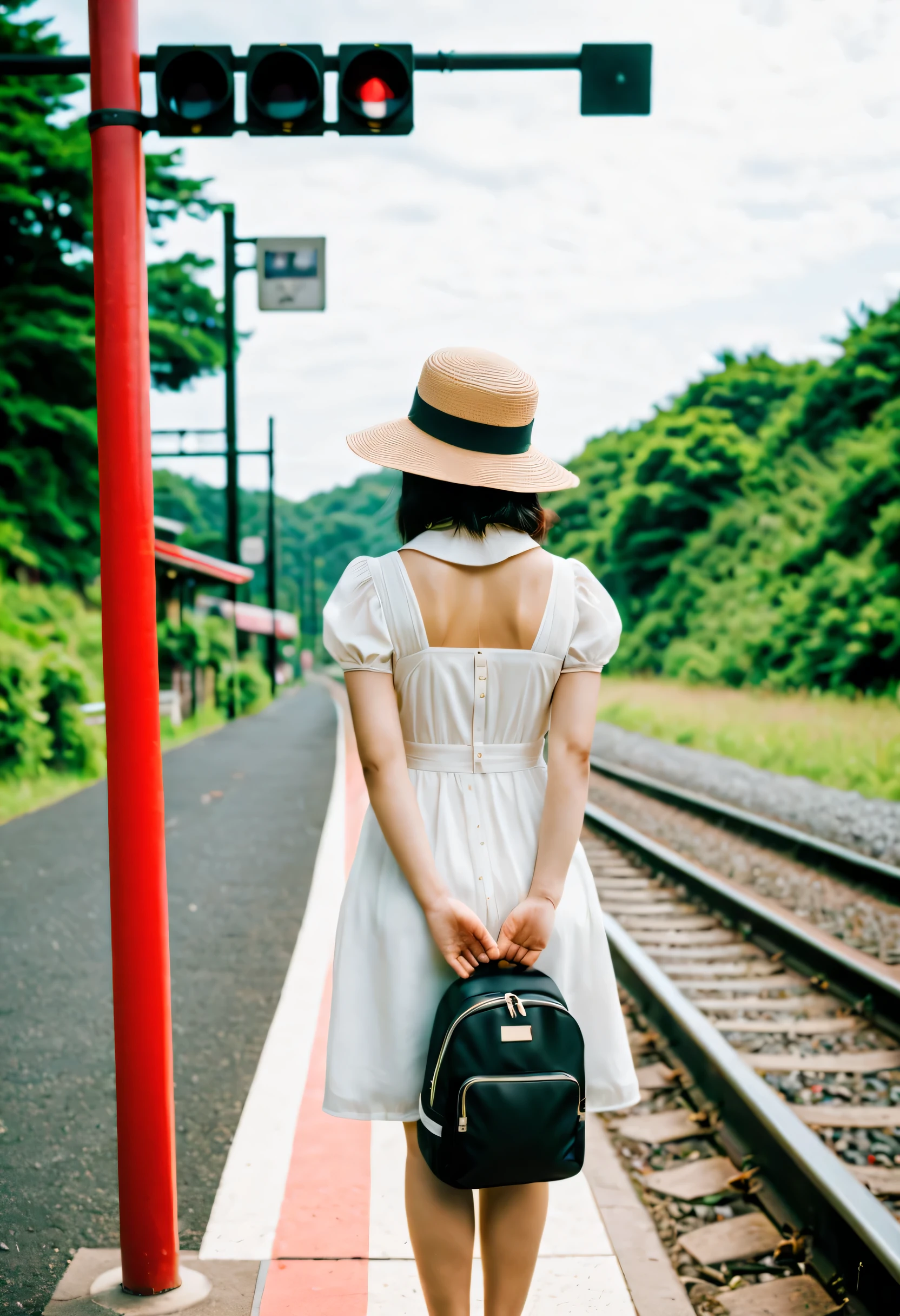 There is a man wearing white clothes, Sun hat and black backpack wait for passing train near train track sign., girl waiting for train,train signal light. red lights, Japan travel aesthetic, fujicolor photo, Color film street photography, Hyperrealistic Film Photography, Portra 800 Street Photography,No splashes, dreamlike realism, (best quality,4K,8k,high resolution,masterpiece:1.2),super detailed,(actual,photoactual,photo-actual:1.37),