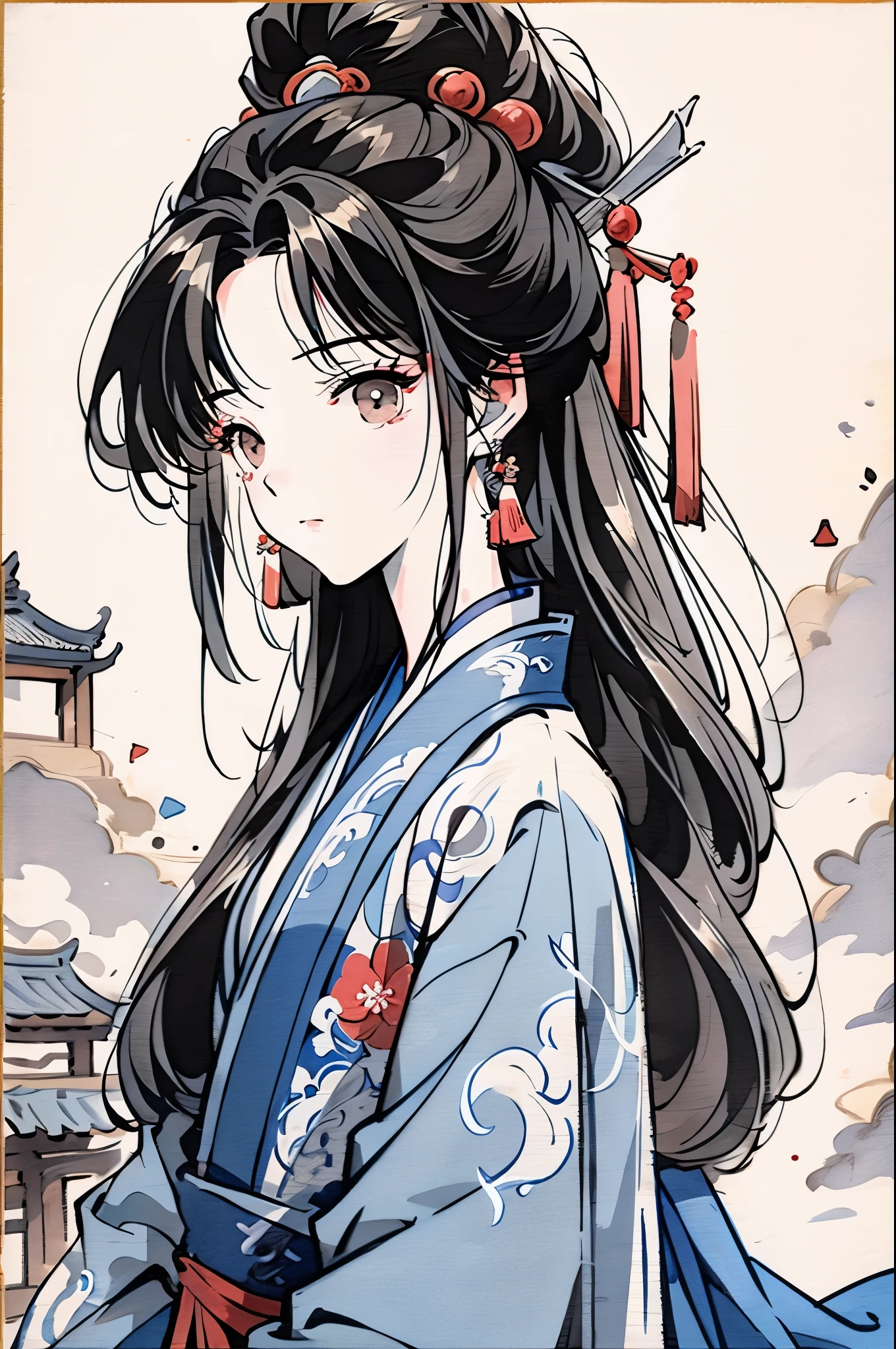 (masterpiece), (best quality), 1girl, Hanfu, simple background, shuimobysim, bonian, zhengbanqiao, Chinese traditional ink painting