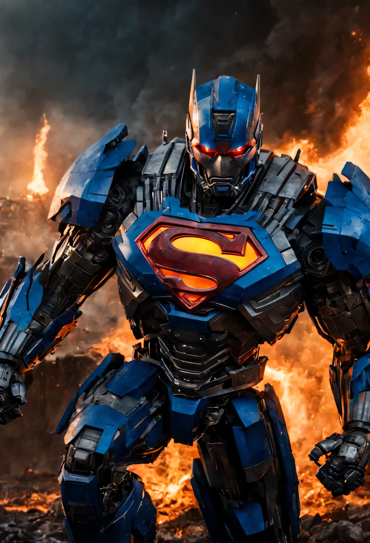 a close up of a superman standing in front of a fire, transformers cinematic universe, wojtek fus, hq 4k wallpaper, transformers : the last knight, in the movie transformers, thertrevkaiser, dwayne johnson as superman, artstation masterpiece, super robot, goku fused with optimus prime, japanese dc live-action movie, hd wallpaper, inspired by Zack Snyder