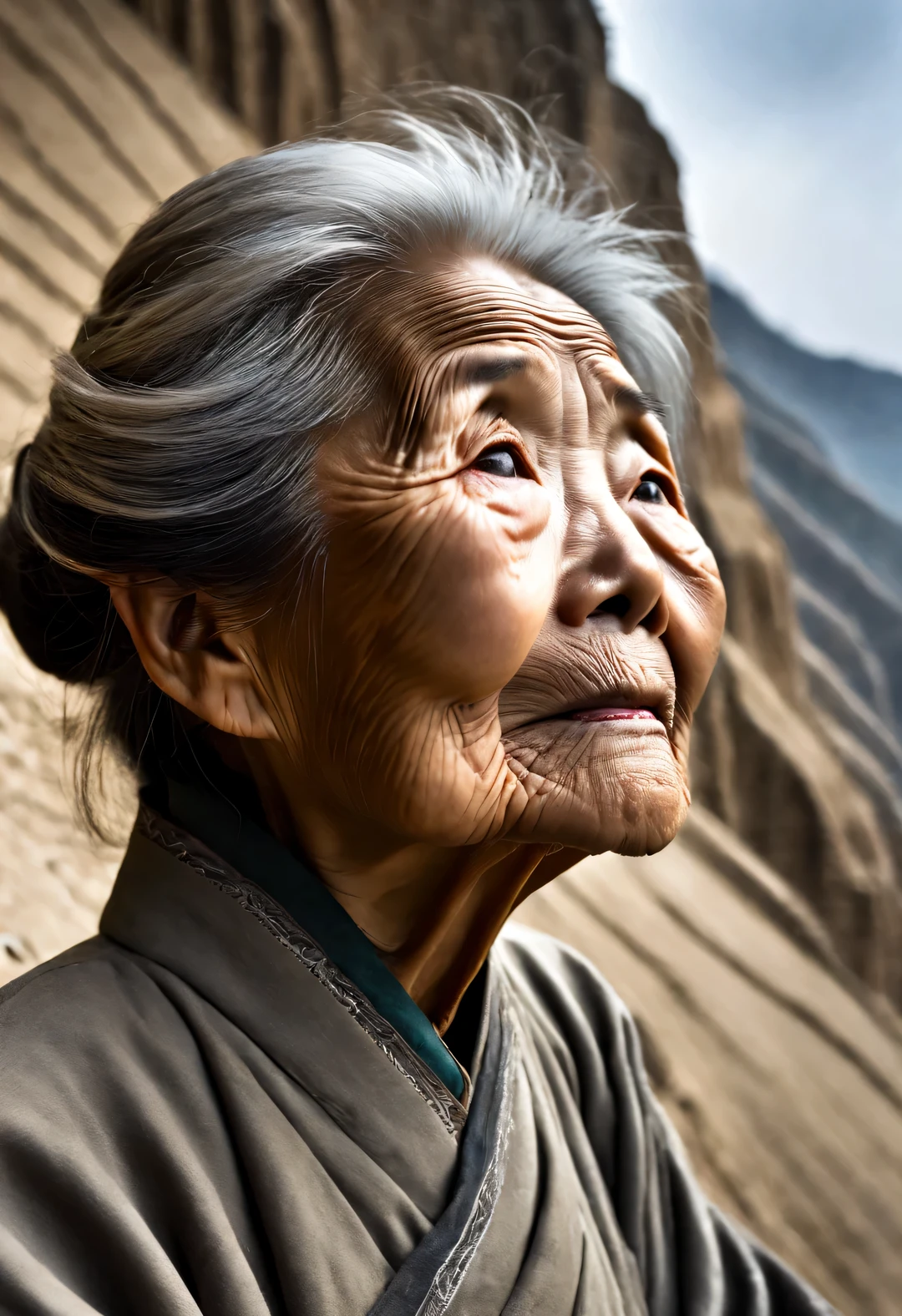 On the high loess slopes of northern Shaanxi, China，一位China老妇焦急地望着远方，Waiting for the children to come home for the holidays，有点像China老演员王玉梅，Wrinkled face，dark skin，The expressions and eyes of expectant waiting，Gray messy ear-length short hair blowing in the wind，Raise one hand to cover your forehead，careful，（Dynamic action blocks sunlight：1.2）