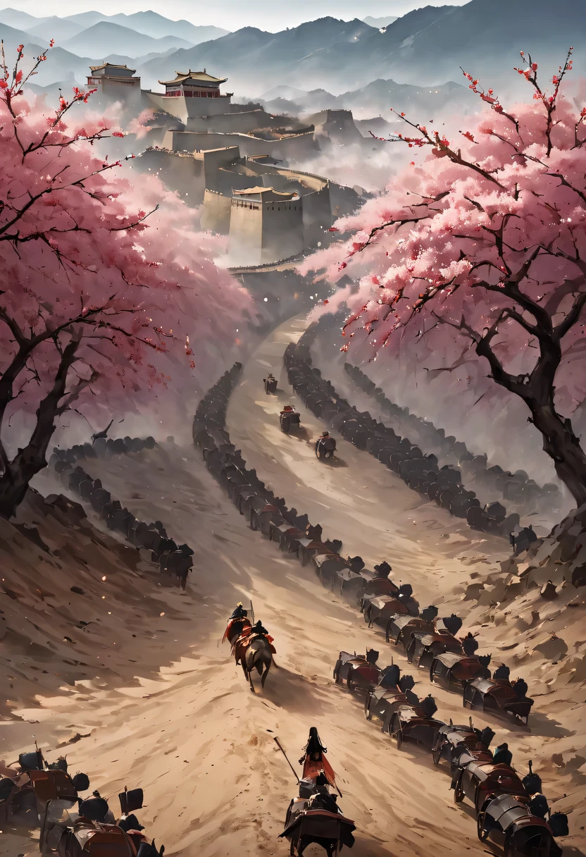 (Ten Miles of Enchanting Peach Blossoms:1.2),The back of a woman with long hair reaching her waist stands under the peach blossom tree,firm eyes, Heqiang,She looked at the Great Wall in the distance, filled with smoke.,flint,blood stained sand,Iron can travel both vertically and horizontally,bodies scattered across the fields,China,Ancient,ink,