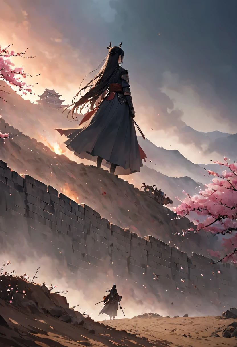 (Ten Miles of Enchanting Peach Blossoms:1.2),The back of a woman with long hair reaching her waist stands under the peach blossom tree,firm eyes, Heqiang,She looked at the Great Wall in the distance, filled with smoke.,flint,blood stained sand,Iron can travel both vertically and horizontally,bodies scattered across the fields,China,Ancient,ink,