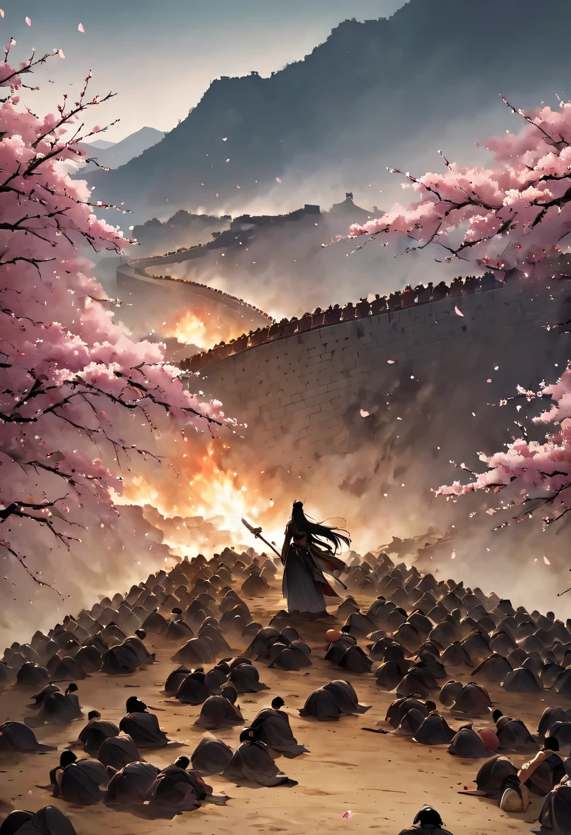 (Ten Miles of Enchanting Peach Blossoms:1.2)，The back of a woman with long hair reaching her waist stands under the peach blossom tree，firm eyes， Heqiang，She looked at the Great Wall in the distance, filled with smoke.，flint，blood stained sand，Iron can travel both vertically and horizontally，bodies scattered across the fields，China，Ancient，ink，