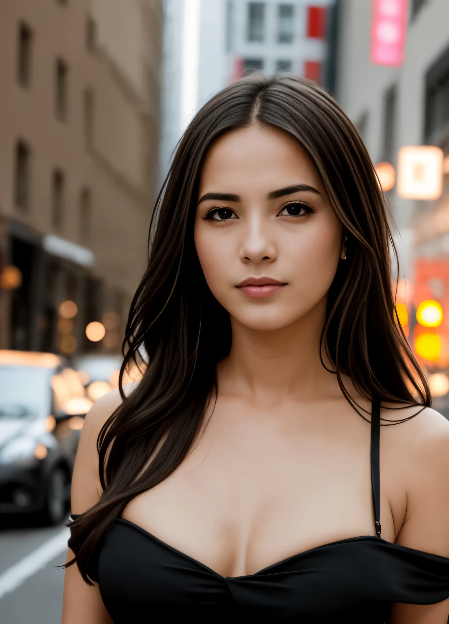 Foto de retrato de rosto inteiro de uma garota europeia de 25 anos, CRU, Mulher bonita, semi-open strawberry lip, covinhas, melancholy expression, (cabelo castanho com ondulado extra longo), ((rosto detalhado)), ((detailed facial features)), (pele bem detalhada), pale skin, ambiente de megacidade cyberpunk, (cor legal), moist, moist, reflection, (obra de arte(detalheed details) filmado com Canon EOS R5 (fotos realistas) (fotos realistas) (detalhe) Lente de 50 mm, f/2.8, hdr, (8K) (papel de parede) (Cinematic lighting) (dramatic lighting) (sharp focus) (complexo), CRU Photography, CRU Photography, Fotografia Gigachado, camera pose, rear arm, 8k hd, dslr, alta qualidade, grain film, Fujifilm XT3, Film Stock Photo 4 Kodak Portra 400 Camera F1.6 Lens Rich colors Ultra-realistic textures Dramatic lighting Unreal Engine Art Station Trends Cinestir 800 Tungsten, tough style, rosto ultra focado, intimidador, Cabelo Preto e Comprido, muscles, veias estourando, Beads, ((vestido espartilho preto)),