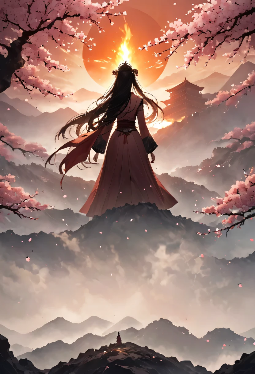 (Ten Miles of Enchanting Peach Blossoms:1.2)，The back of a woman with long hair reaching her waist stands under the peach blossom tree，firm eyes， Heqiang，She looked at the Great Wall in the distance, filled with smoke.，flint，blood stained sand，Iron can travel both vertically and horizontally，bodies scattered across the fields，China，Ancient，ink，