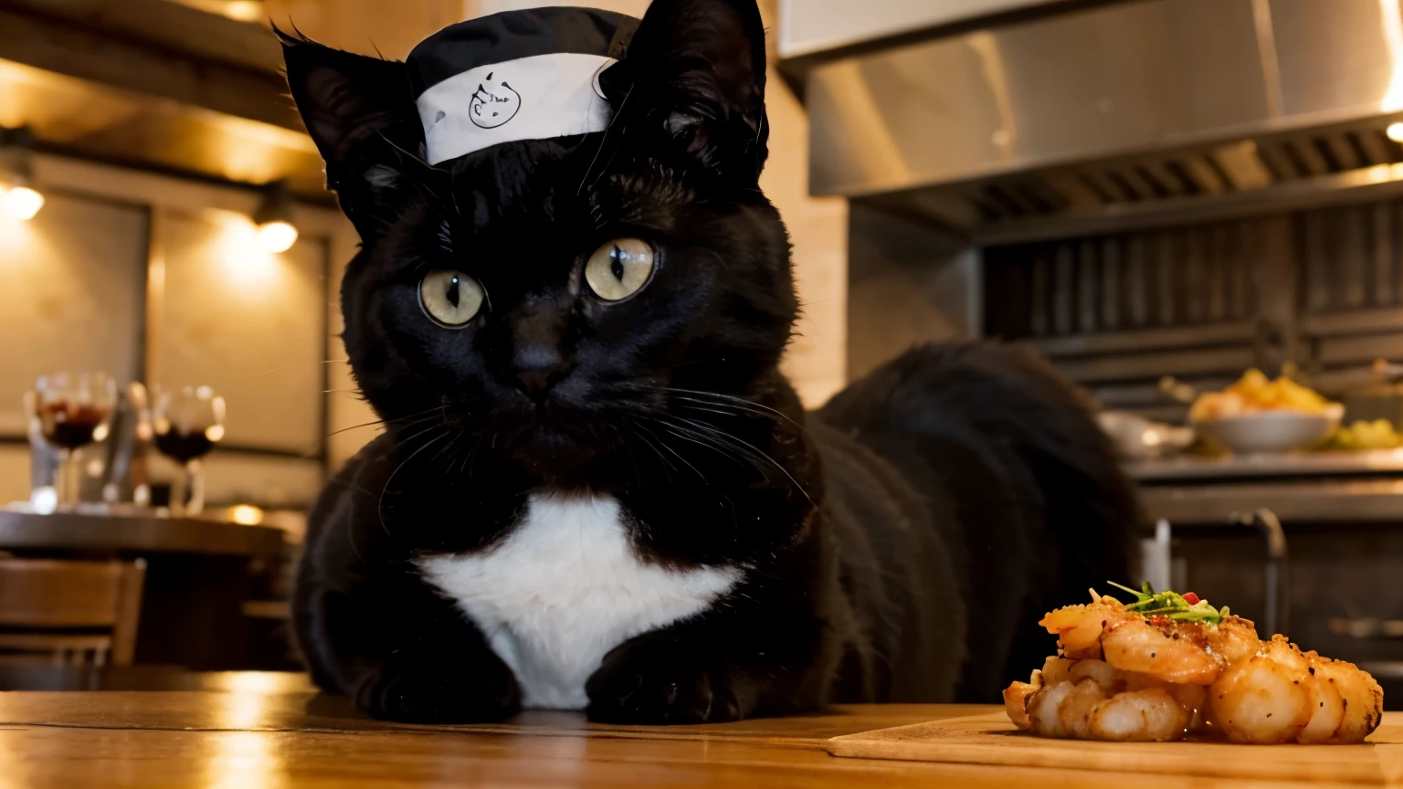 Cute black cat fries shrimps, cat with chef's hat, in french restaurant