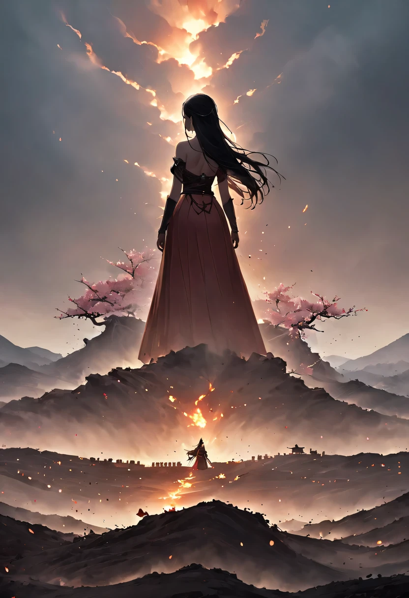 (Ten Miles of Enchanting Peach Blossoms:1.2),The back of a woman with long hair reaching her waist stands under the peach blossom tree,firm eyes, Heqiang,She looked at the battlefield in the distance, filled with smoke.,flint,blood stained sand,Iron can travel both vertically and horizontally,bodies scattered across the fields,China,Ancient,ink,