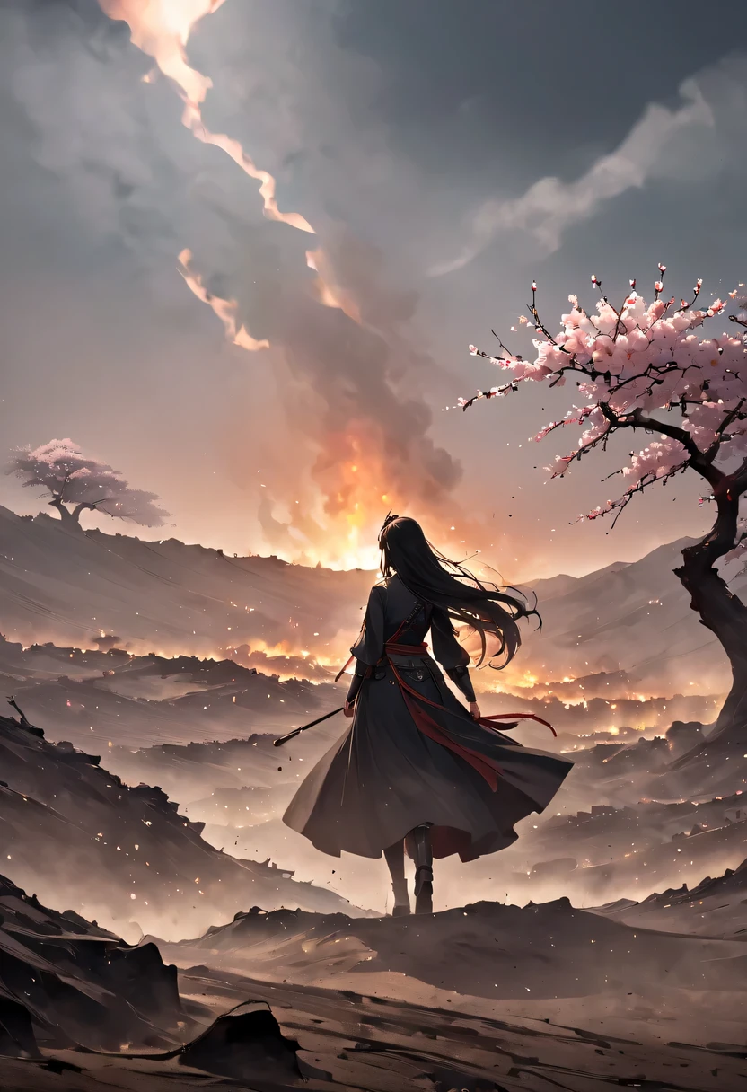 (Ten Miles of Enchanting Peach Blossoms:1.2)，The back of a woman with long hair reaching her waist stands under the peach blossom tree，firm eyes， Heqiang，She looked at the Great Wall in the distance, filled with smoke.，flint，blood stained sand，Iron can travel both vertically and horizontally，bodies scattered across the fields，China，Ancient，ink，