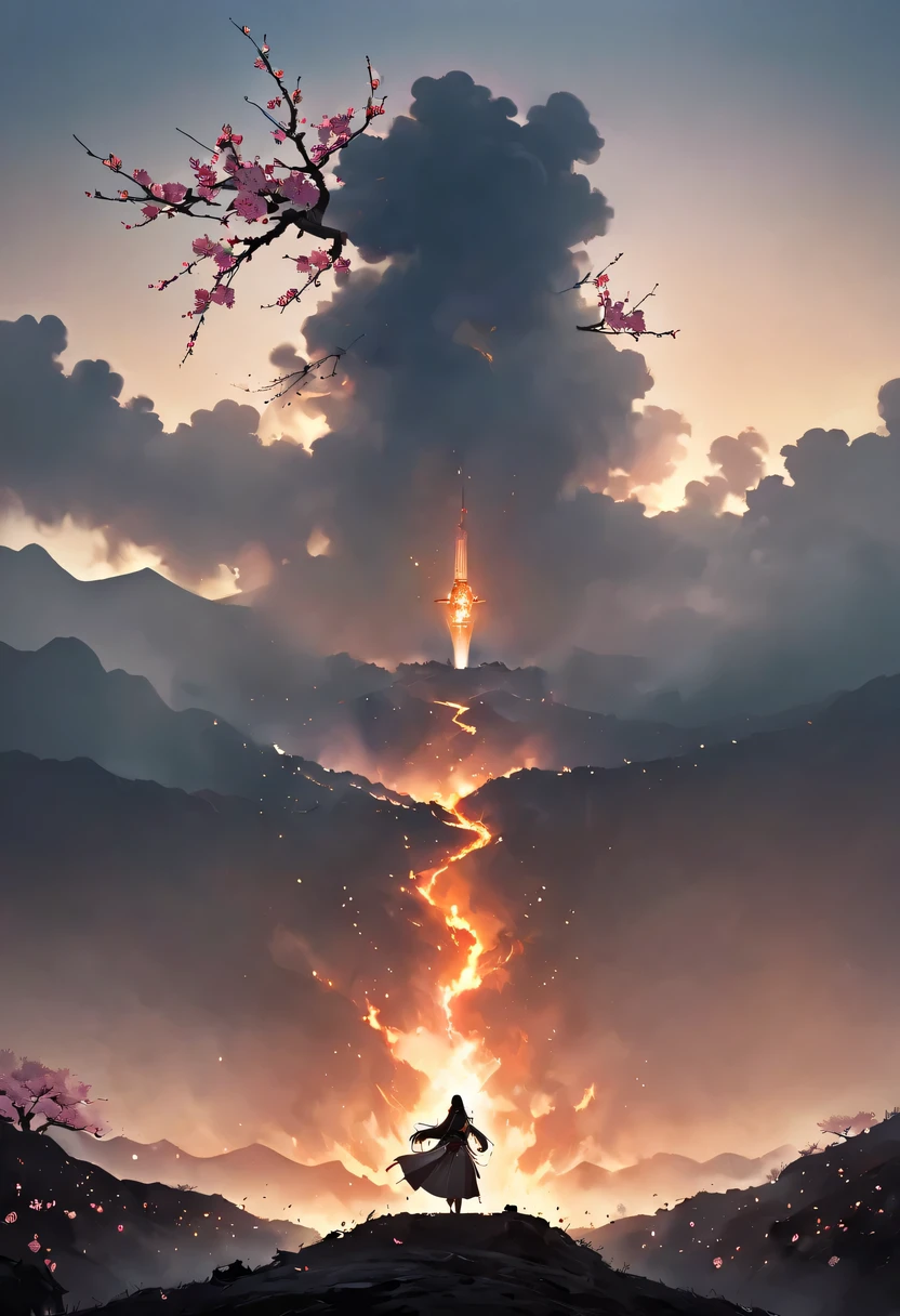 (Ten Miles of Enchanting Peach Blossoms:1.2),The back of a woman with long hair reaching her waist stands under the peach blossom tree,firm eyes, Heqiang,She looked at the battlefield in the distance, filled with smoke.,The flames burst into the sky,China,Ancient,ink,