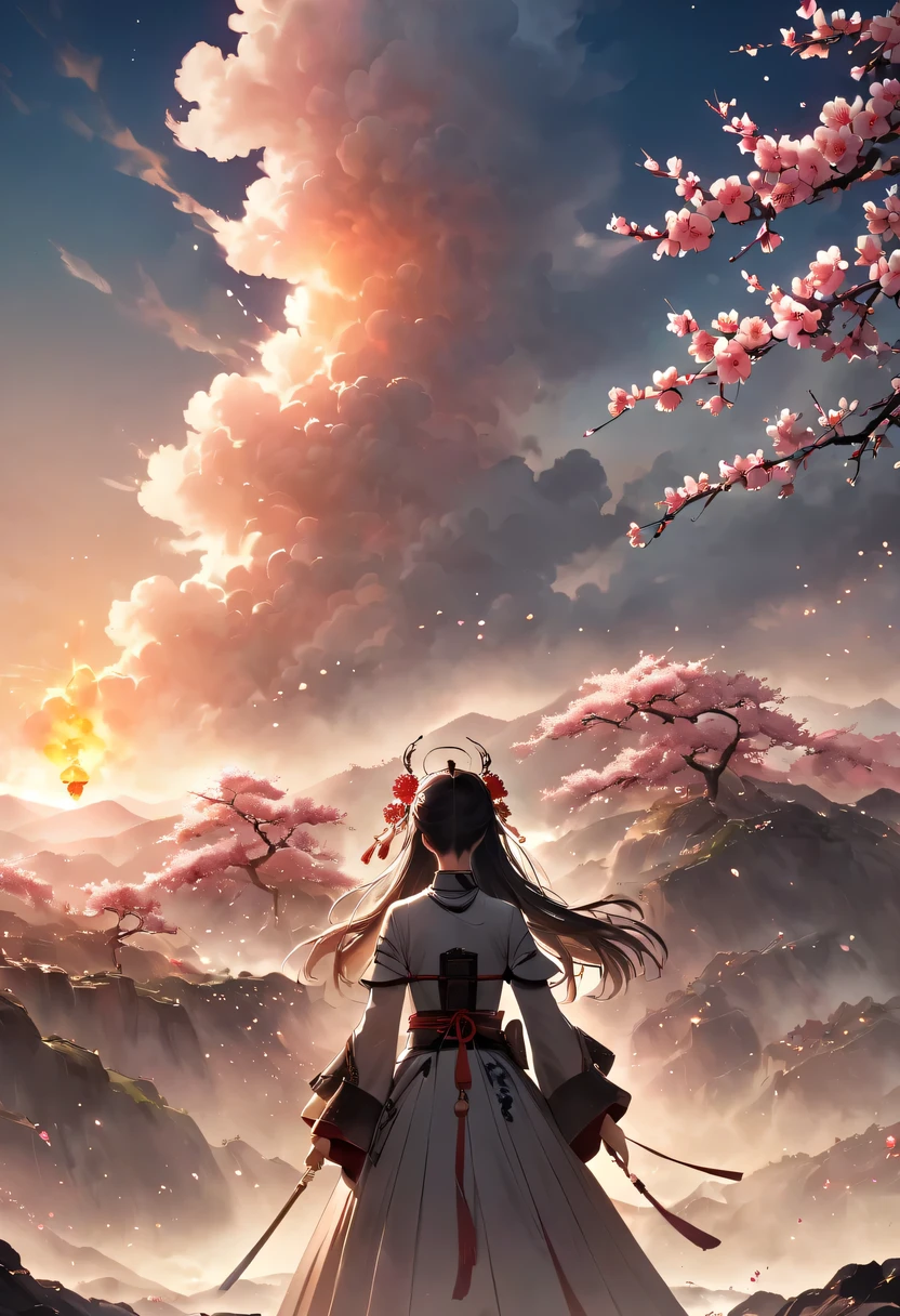 (Ten Miles of Enchanting Peach Blossoms:1.2)，The back of a woman with long hair reaching her waist stands under the peach blossom tree，firm eyes， Heqiang，She looked at the battlefield in the distance, filled with smoke.，The flames burst into the sky，China，Ancient，ink，