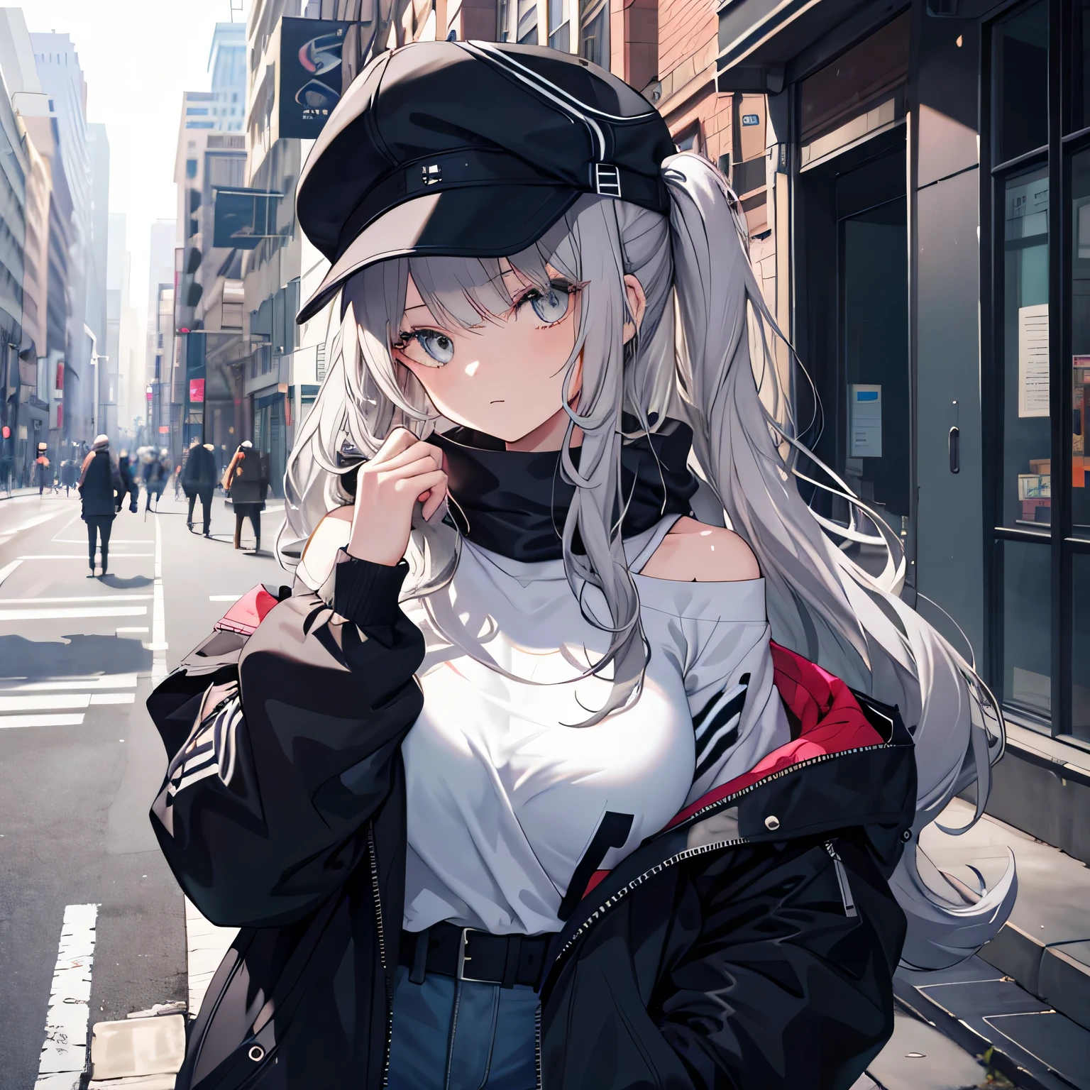 masterpiece,1 girl,alone,long hair,gray hair,Jacket,off shoulder:1.2, mob cap, street,put your hands on your hips, put one&#39;Hand in hand&#39;pocket of, big breasts