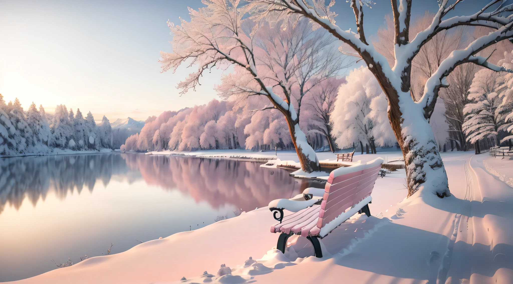 snowy scene of a bench and a tree by a lake, beautiful winter area, winter setting, beautiful wallpaper, warm beautiful scene, beautiful snowy landscape, cold but beautiful, beatiful backgrounds, hd wallpaper, winter atmosphere, very beautiful photo, snowy winter, desktop background, dreamy scene, pink tree beside a large lake, winter snow, high quality desktop wallpaper, wallpaper background