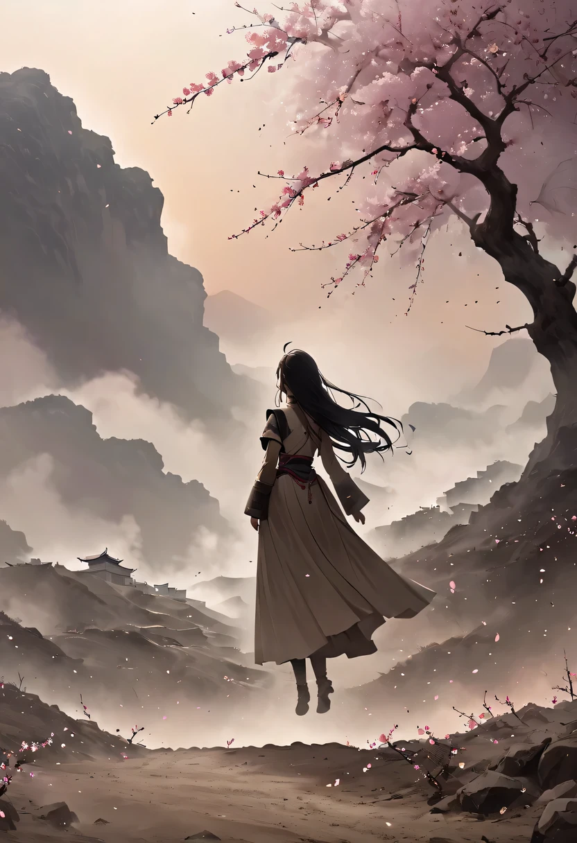 (Ten Miles of Enchanting Peach Blossoms:1.2),The back of a woman with long hair reaching her waist stands under the peach blossom tree,firm eyes, Heqiang,She looked at the battlefield in the distance, filled with smoke.,dusty,Gunsmoke fills,China,Ancient,ink,