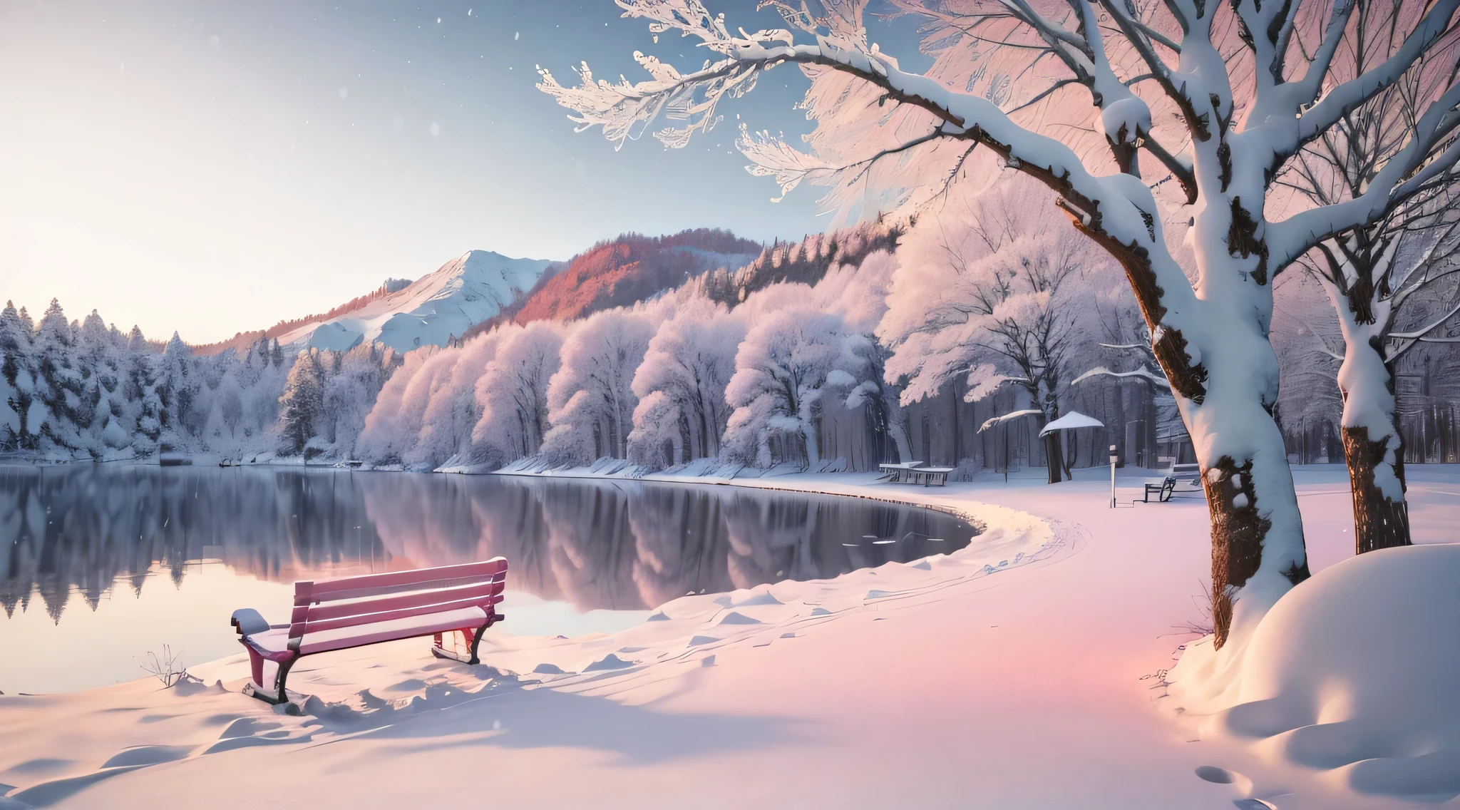 snowy scene of a bench and a tree by a lake, beautiful winter area, winter setting, beautiful wallpaper, warm beautiful scene, beautiful snowy landscape, cold but beautiful, beatiful backgrounds, hd wallpaper, winter atmosphere, very beautiful photo, snowy winter, desktop background, dreamy scene, pink tree beside a large lake, winter snow, high quality desktop wallpaper, wallpaper background