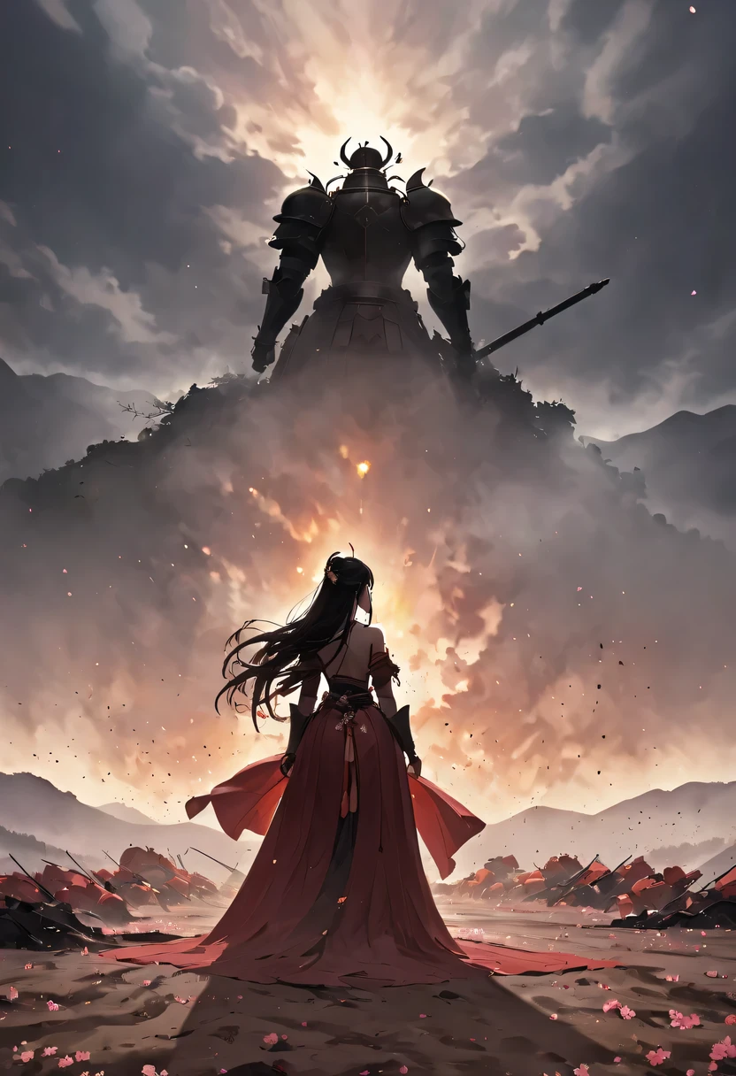 (Ten Miles of Enchanting Peach Blossoms:1.2),The back of a woman with long hair reaching her waist stands under the peach blossom tree,firm eyes, Heqiang,She looked at the battlefield in the distance, filled with smoke.,flint,blood stained sand,Iron can travel both vertically and horizontally,bodies scattered across the fields,China,Ancient,ink,