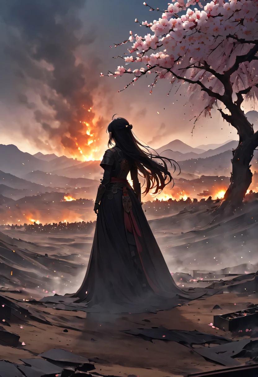 (Ten Miles of Enchanting Peach Blossoms:1.2)，The back of a woman with long hair reaching her waist stands under the peach blossom tree，firm eyes， Heqiang，She looked at the Great Wall in the distance, filled with smoke.，flint，blood stained sand，Iron can travel both vertically and horizontally，bodies scattered across the fields，China，Ancient，ink，