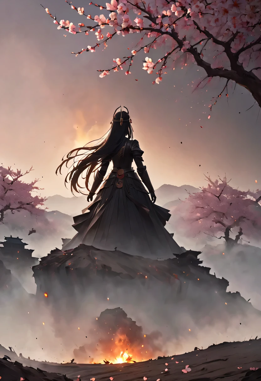 (Ten Miles of Enchanting Peach Blossoms:1.2)，The back of a woman with long hair reaching her waist stands under the peach blossom tree，firm eyes， Heqiang，She looked at the Great Wall in the distance, filled with smoke.，flint，blood stained sand，Iron can travel both vertically and horizontally，bodies scattered across the fields，China，Ancient，ink，