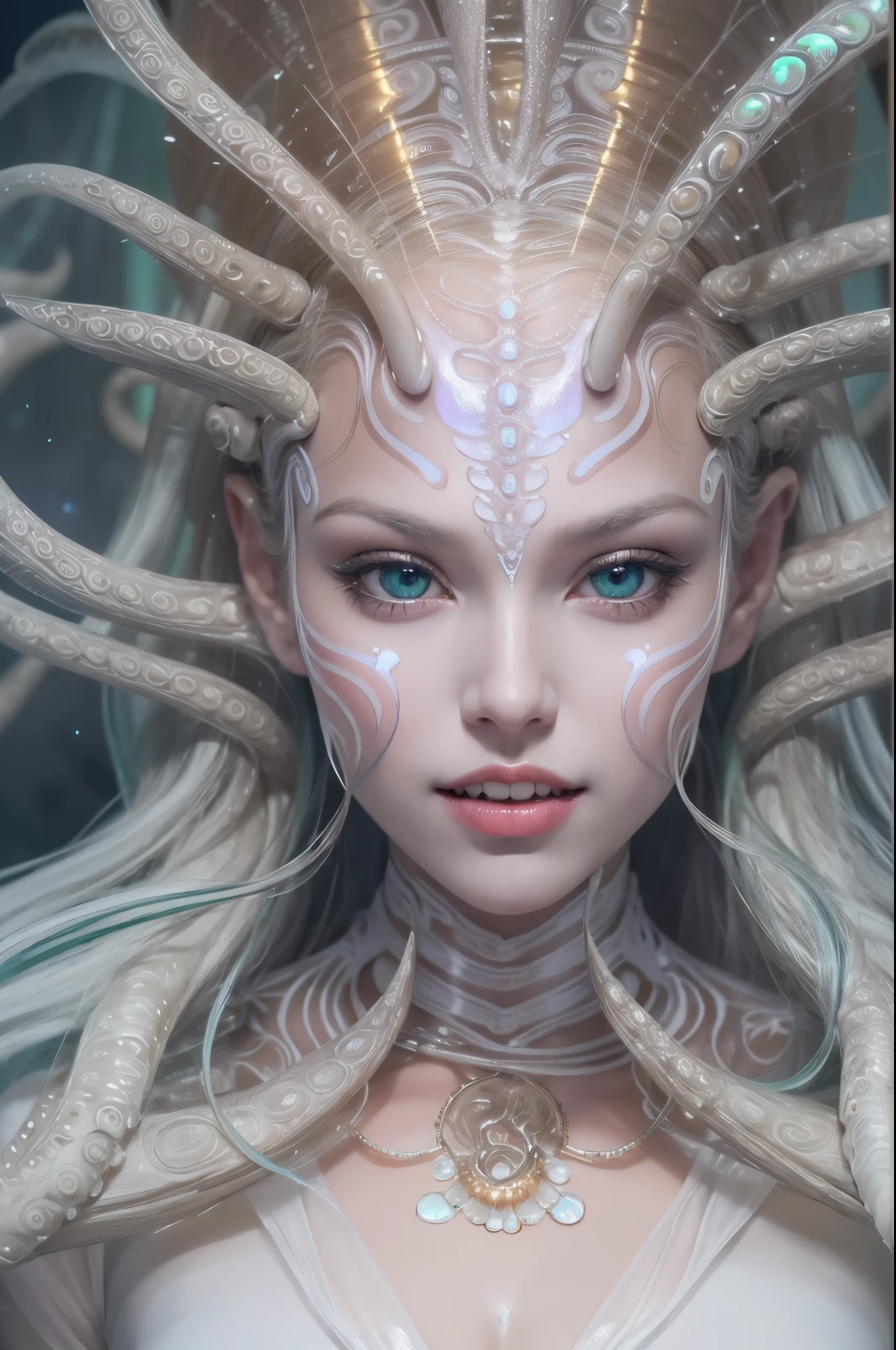 (A portrait of one beautiful and obscene female alien who is a young ager:1.4), ((There is a female genital-like organ in the middle of her forehead:1.8)), (realistic face:1.2), (Numerous award-winning masterpieces, with incredible detail, textures and maximum detail), artistic photography, midnight aura, unreal engine 5, Ultra Sharp Focus, art by Amano Yoshitaka, ArtGerm, Roisch, intricate artwork, ultra realistic realism, high resolution, High freshness, drawing faithfully, official art, Unity 8K Wall paper, ultra detailed artistic photography, dream-like, Creation of fantasy, dream Snail, (biopunk nautilus:1.3),Thrilling color schemes, seductively smiling, Amazing mutation, well-proportioned body, goddess of the deep sea, fractal, Geometric pattern, impossible figures, (translucent white tentacles with luminescent organs:1.4), subtle emerald green accents, (smiling seductively:1.3),(She has the most beautiful face in the history of the universe:1.5), Penelope Cruz, (she is looking down at viewers with glowing iridescent eyes with no pupils:1.3), an evil gaze that seduces, cinematic lighting, (Vampire-like long canine teeth can be glimpsed through the gap between the cute lips:1.3), in the hall of the palace, Sweet breath is exhaling from beautiful lips, ecstatic expression