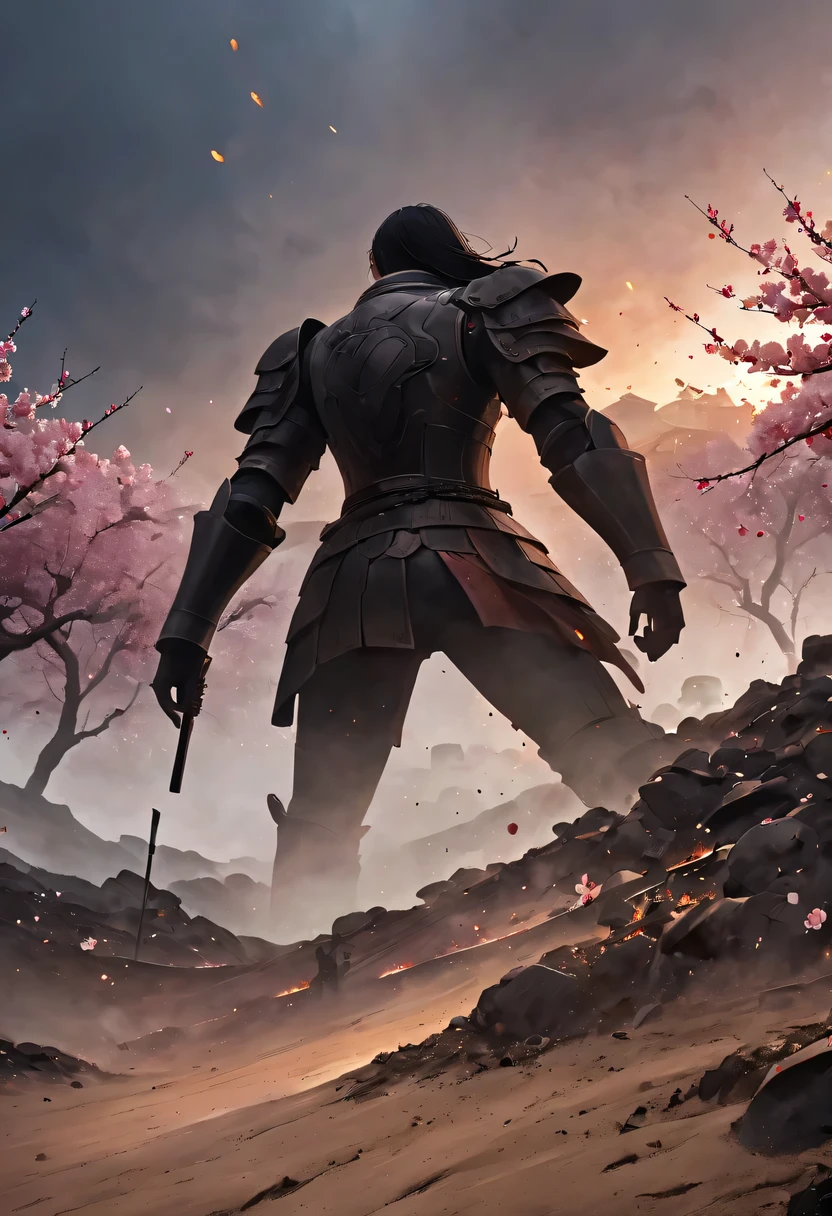 (Ten Miles of Enchanting Peach Blossoms:1.2),The back of a woman with long hair reaching her waist stands under the peach blossom tree,firm eyes, Heqiang,She looked at the battlefield in the distance, filled with smoke.,flint,blood stained sand,Iron can travel both vertically and horizontally,bodies scattered across the fields,China,Ancient,ink,
