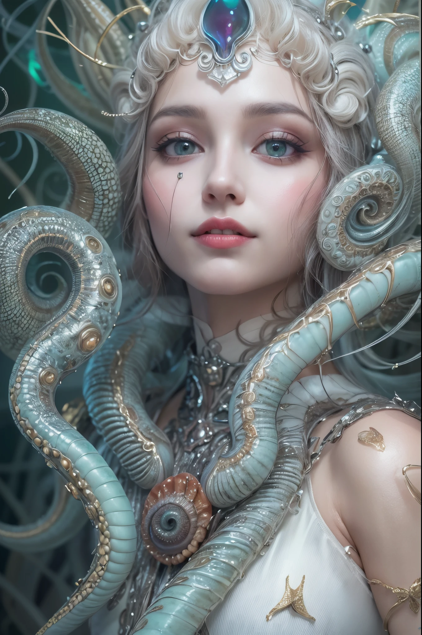 (A portrait of one beautiful and obscene female alien who is a young teenager:1.4), ((There is a female genital-like organ in the middle of her forehead:1.8)), (realistic face:1.2), (Numerous award-winning masterpieces, with incredible detail, textures and maximum detail), artistic photography, midnight aura, unreal engine 5, Ultra Sharp Focus, art by Amano Yoshitaka, ArtGerm, Roisch, intricate artwork, ultra realistic realism, high resolution, High freshness, drawing faithfully, official art, Unity 8K Wall paper, ultra detailed artistic photography, dream-like, Creation of fantasy, dream Snail, (biopunk nautilus:1.3),Thrilling color schemes, seductively smiling, Amazing mutation, well-proportioned body, goddess of the deep sea, fractal, Geometric pattern, impossible figures, (translucent white tentacles with luminescent organs:1.4), subtle emerald green accents, (smiling seductively:1.3),(She has the most beautiful face in the history of the universe:1.5), Penelope Cruz, (she is looking down at viewers with glowing iridescent eyes with no pupils:1.3), an evil gaze that seduces, cinematic lighting, (Vampire-like long canine teeth can be glimpsed through the gap between the cute lips:1.3), in the hall of the palace, Sweet breath is exhaling from beautiful lips, ecstatic expression, having snake eyes