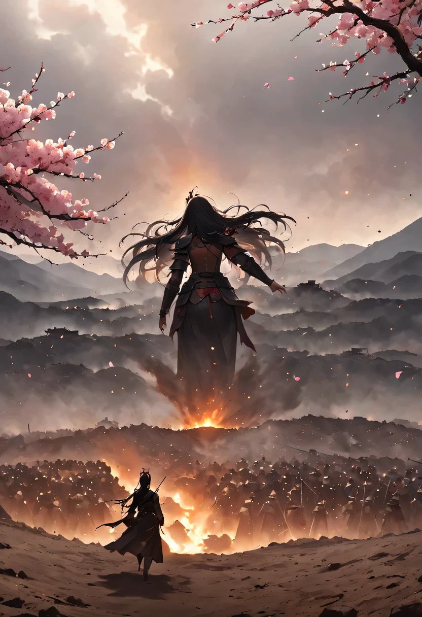 (Ten Miles of Enchanting Peach Blossoms:1.2),The back of a woman with long hair reaching her waist stands under the peach blossom tree,firm eyes, Heqiang,She looked at the battlefield in the distance, filled with smoke.,flint,blood stained sand,Iron can travel both vertically and horizontally,bodies scattered across the fields,China,Ancient,ink,