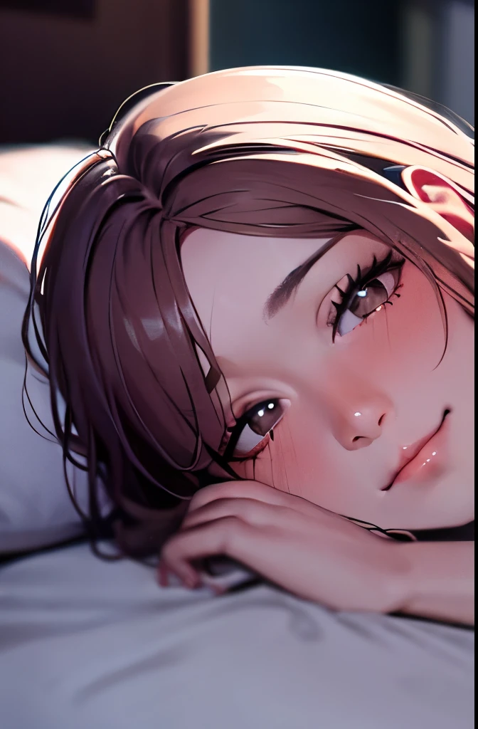 Nikon RAW photo, 8k, Fujifilm XT3, masterpiece, Shirt pink quality, realistic, photorealistic, (lying in bed), (sheet), (lying on the pillow), (giggle: 1.1), highest quality, (detailed facial features), (eyelash: 1.1), (Depth of bounds written: 1.1), (chromatic aberration: 1.1), (caustics: 1.1) goddess