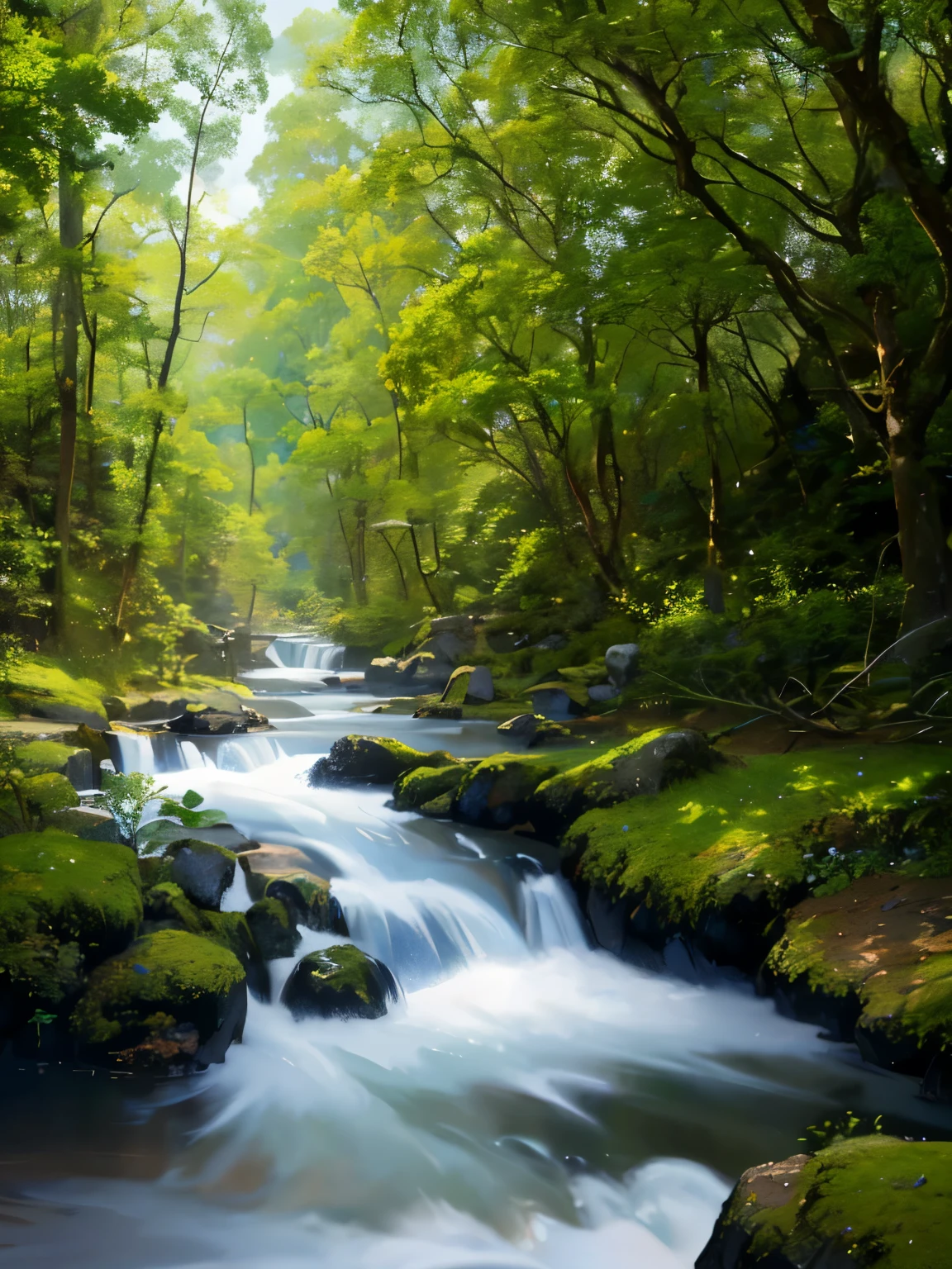 Masterpiece, top quality, (Extremely detailed CG unified 8k wallpaper) (top quality), (best illustrations), (best shade)、super detailed, blue sky、Various clouds、very beautiful,forest,gloom,The middle stream extends into the distance